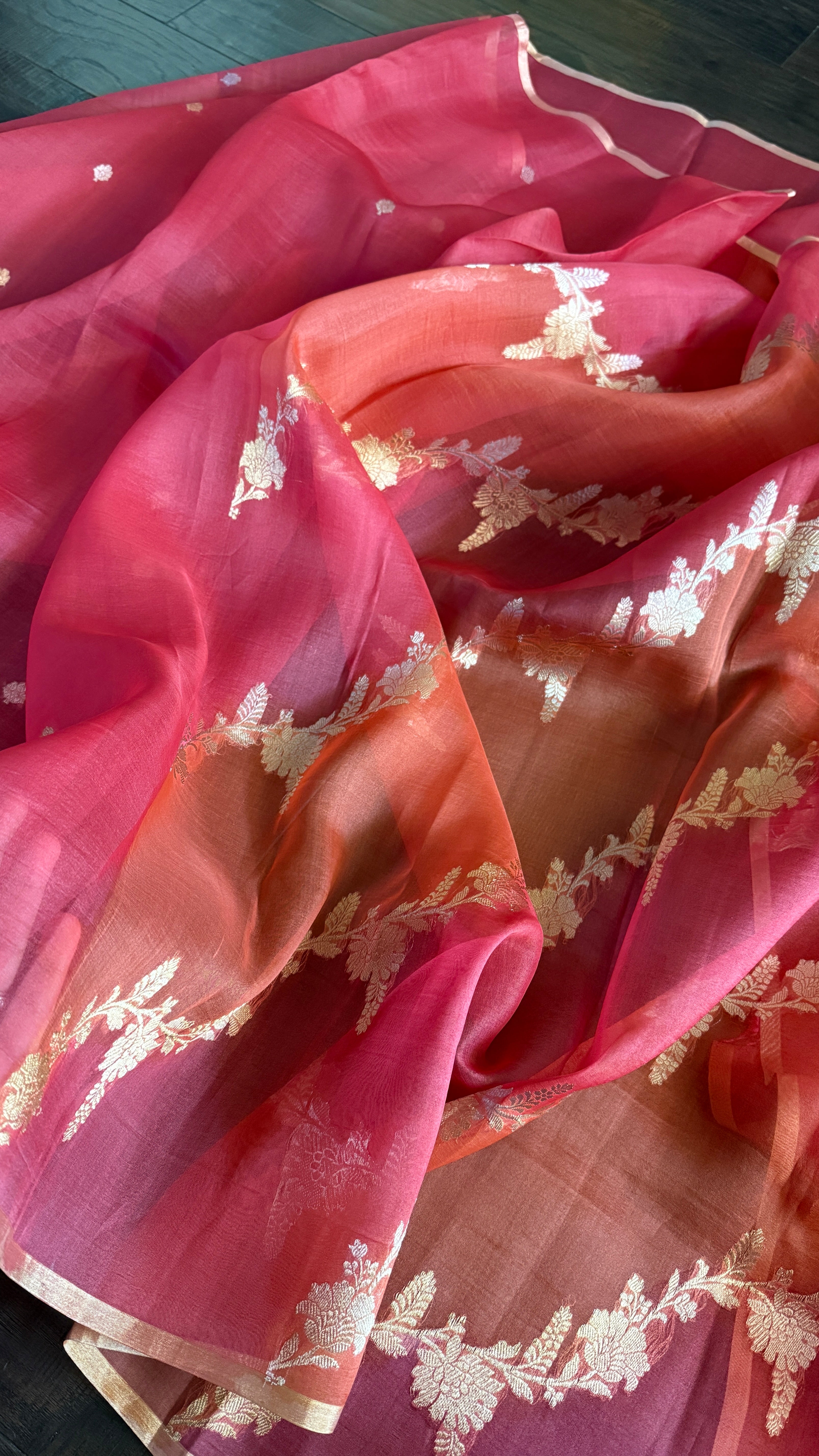 Kora Silk Rangkat Banarasi - Pink Orange Shaded