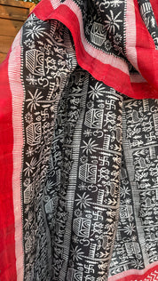 Pure Murshidabad Silk - Black White Red Printed