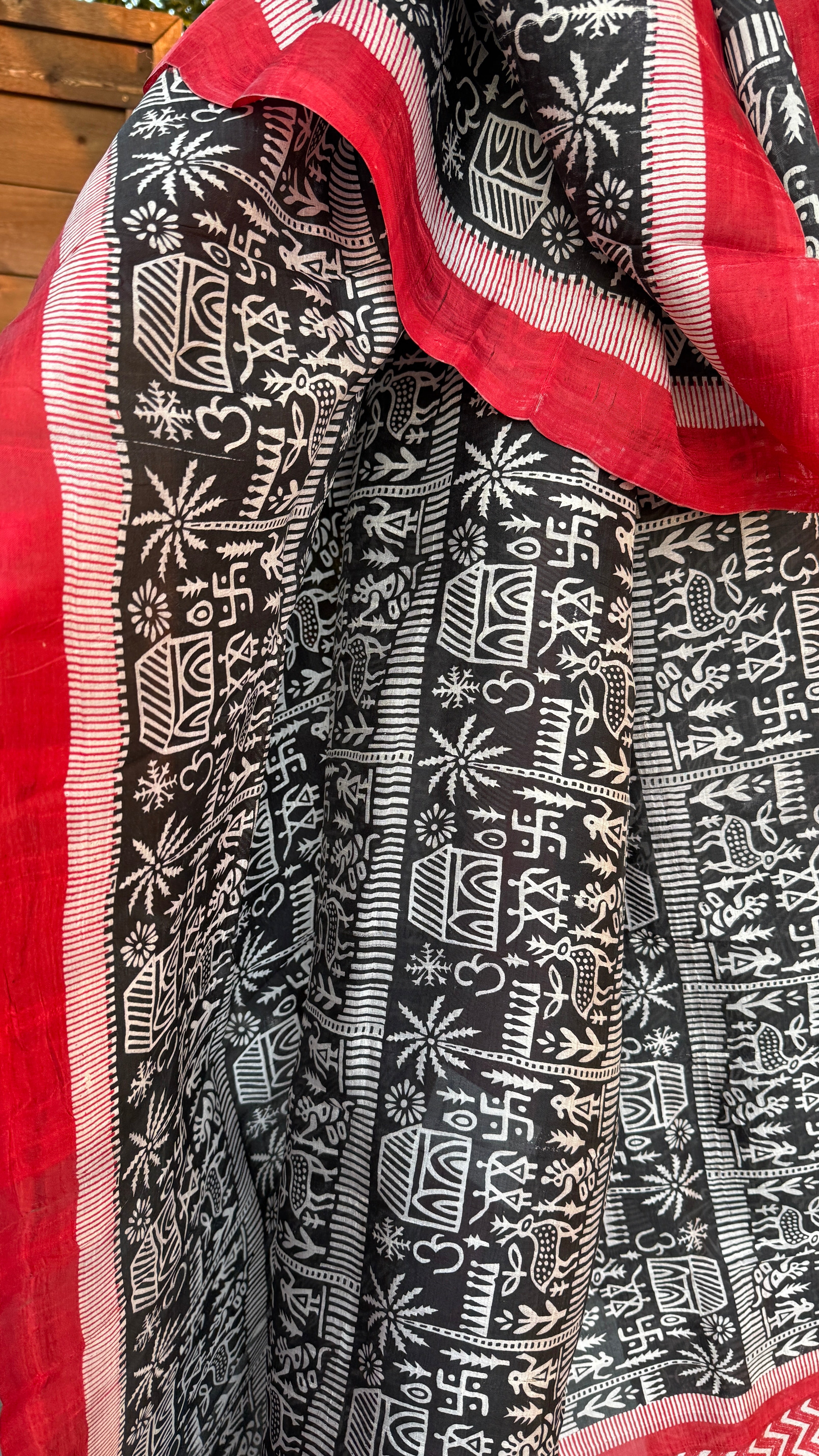 Pure Murshidabad Silk - Black White Red Printed