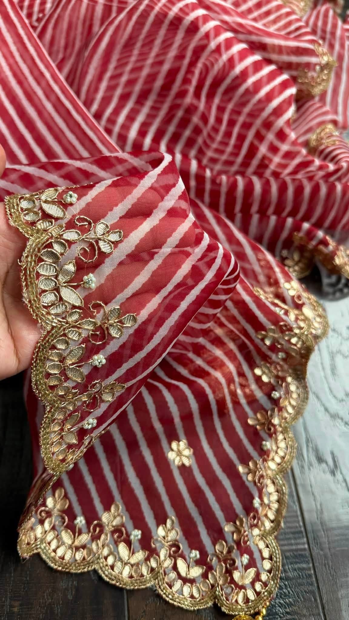 Designer Organza - Maroon White Leheriya