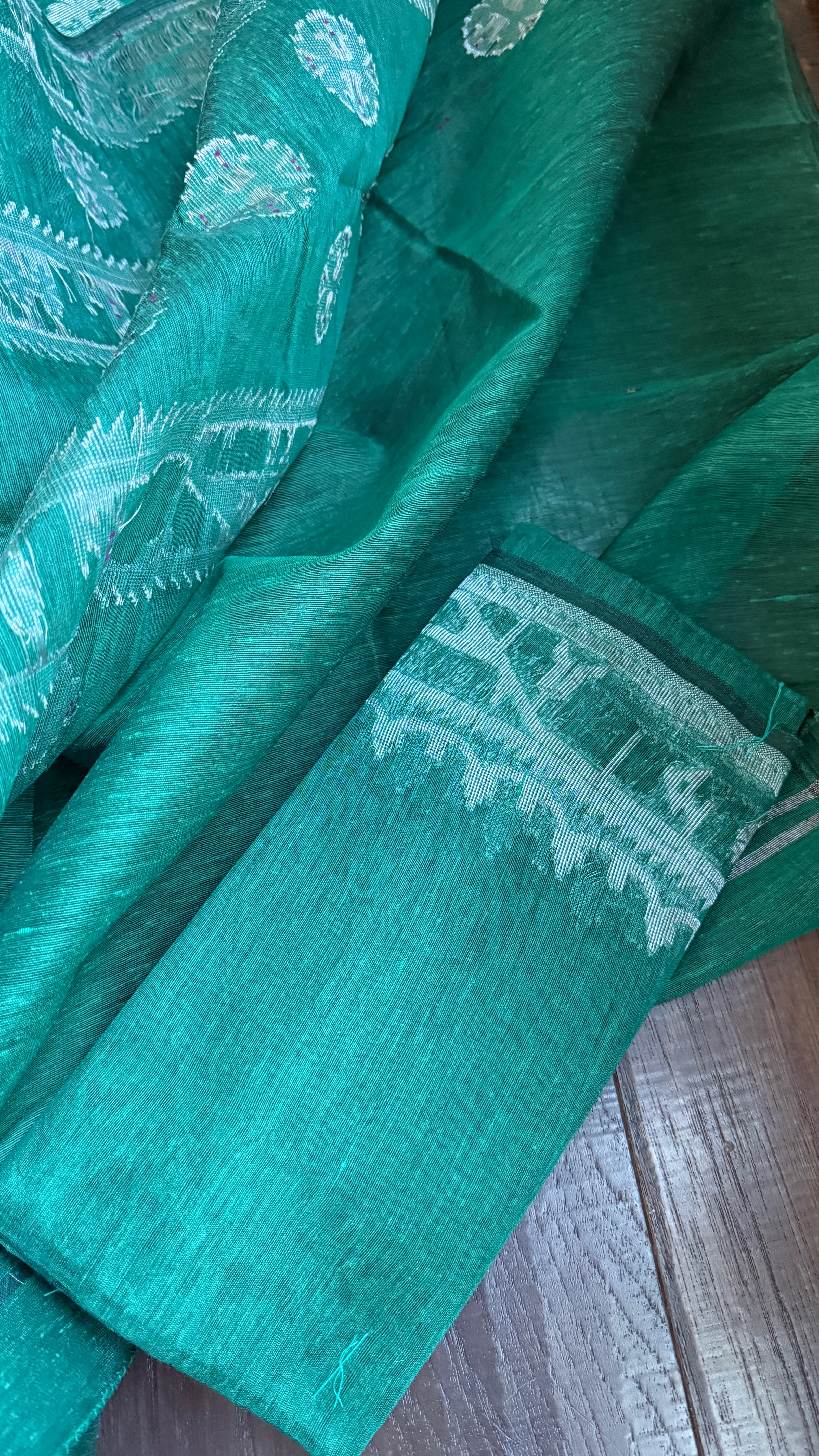 Dhakai Jamdani  - Teal Green Silver Zari  Woven