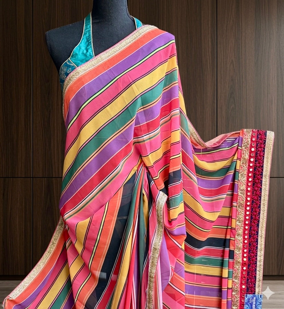 Georgette Designer Inspired Drape - Pink Yellow Purple