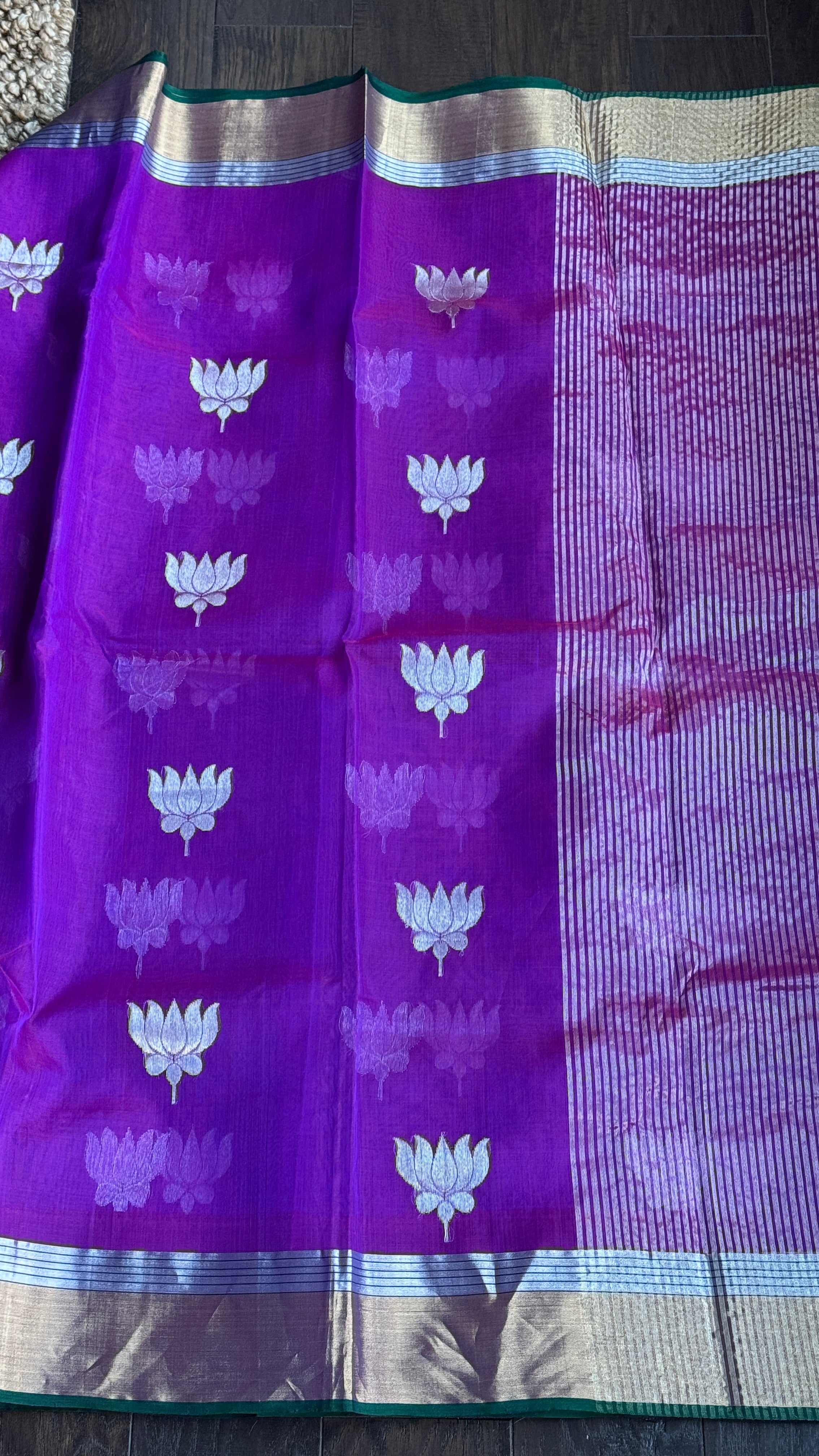 Pure Chanderi Organza Silk - Purple Green Lotus