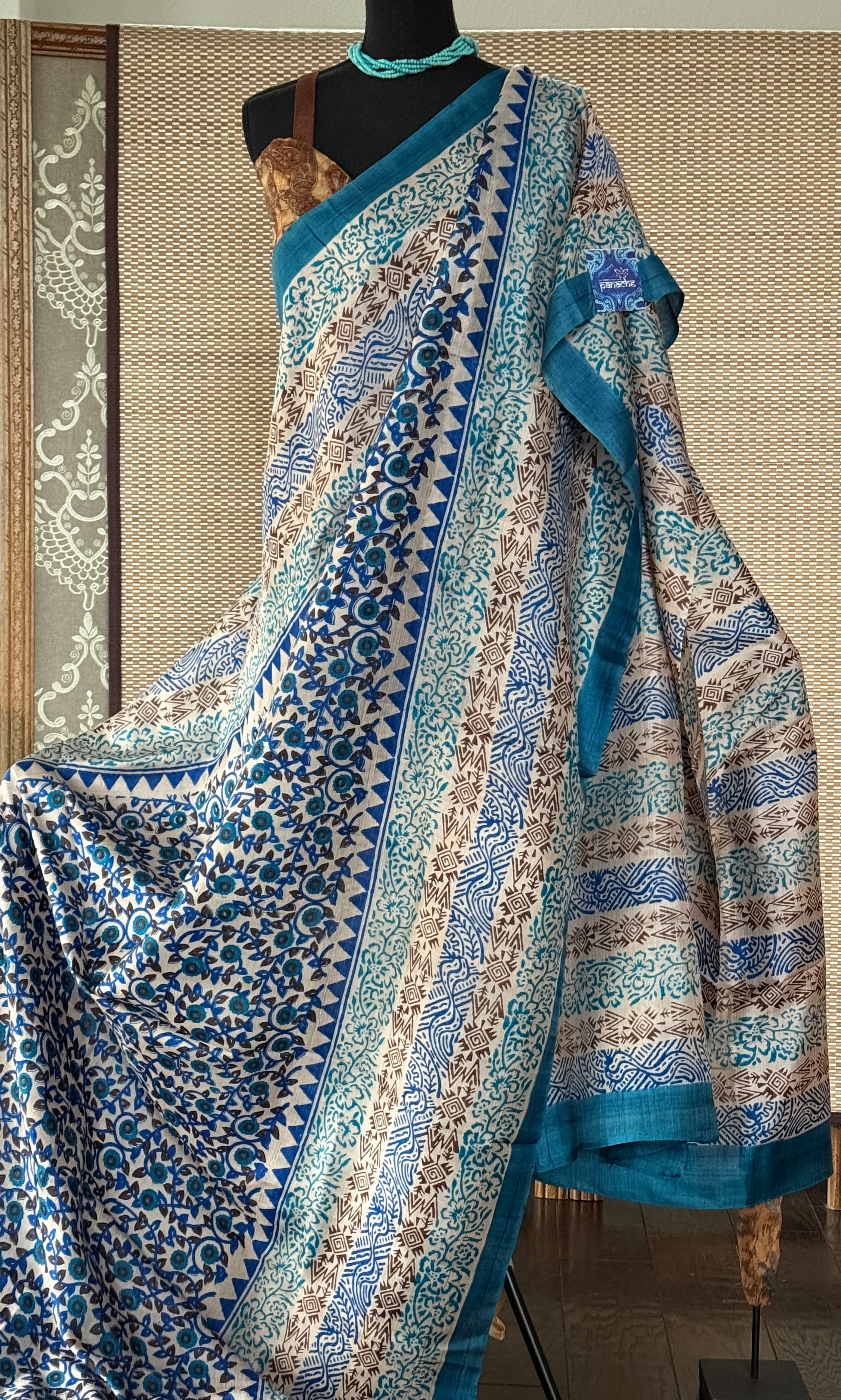 Tussar Silk - Printed Offwhite Firozi Royal Blue