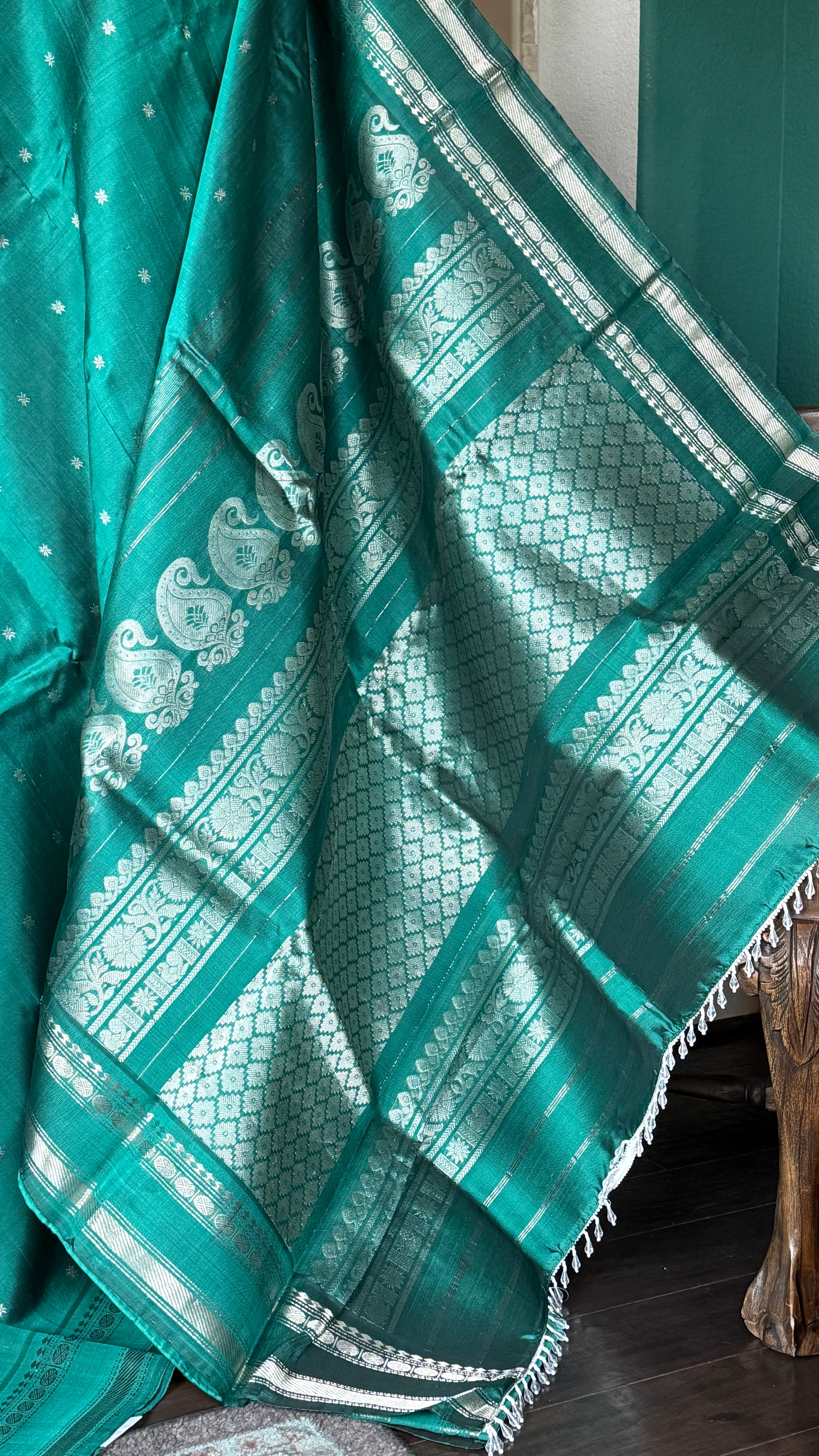 Pure Silk Gadwal - Teal Green Silver Zari