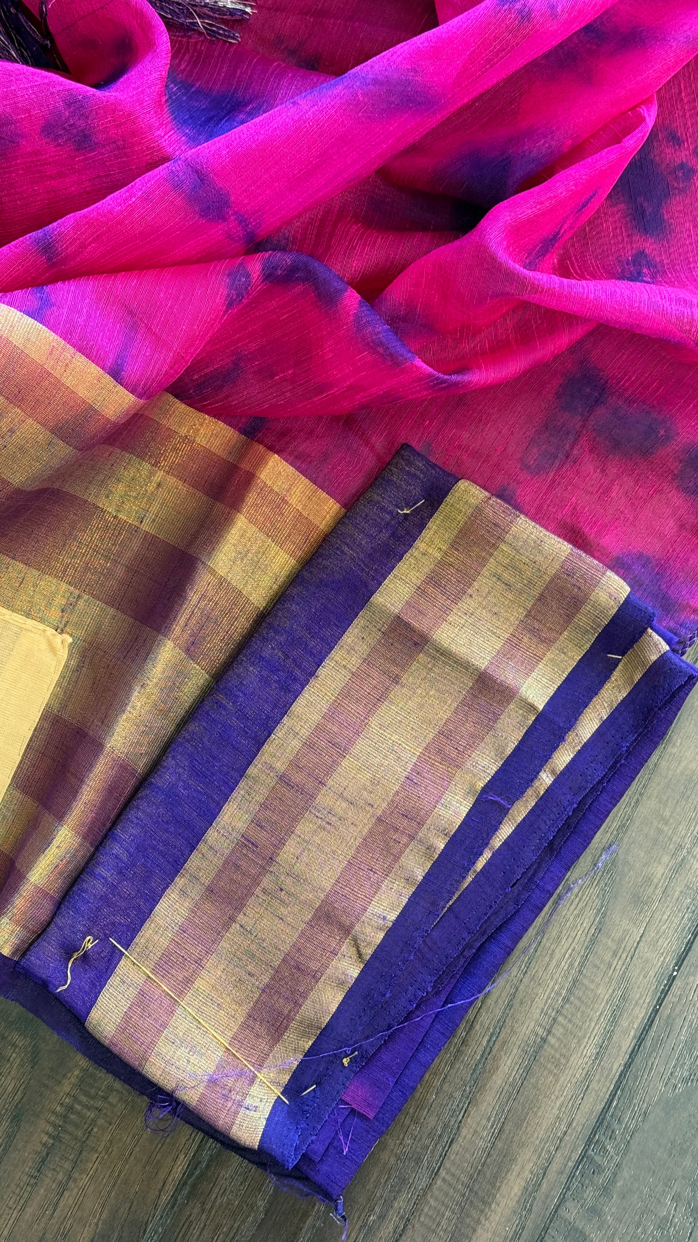 Soft Dupion Tie-Dye Saree - Pink Blue