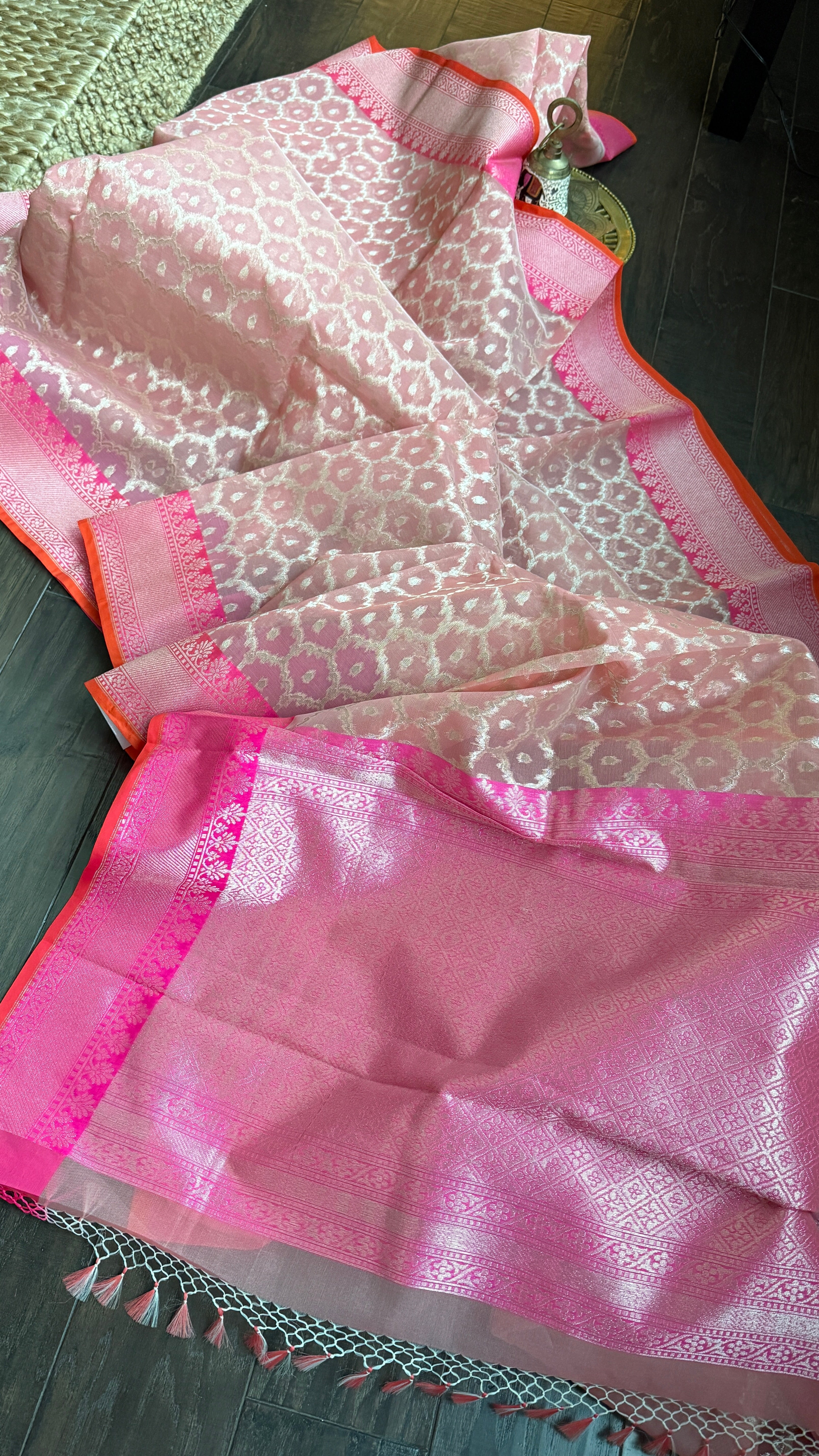 Kora Silk Banaras Chanderi - Peach Pink