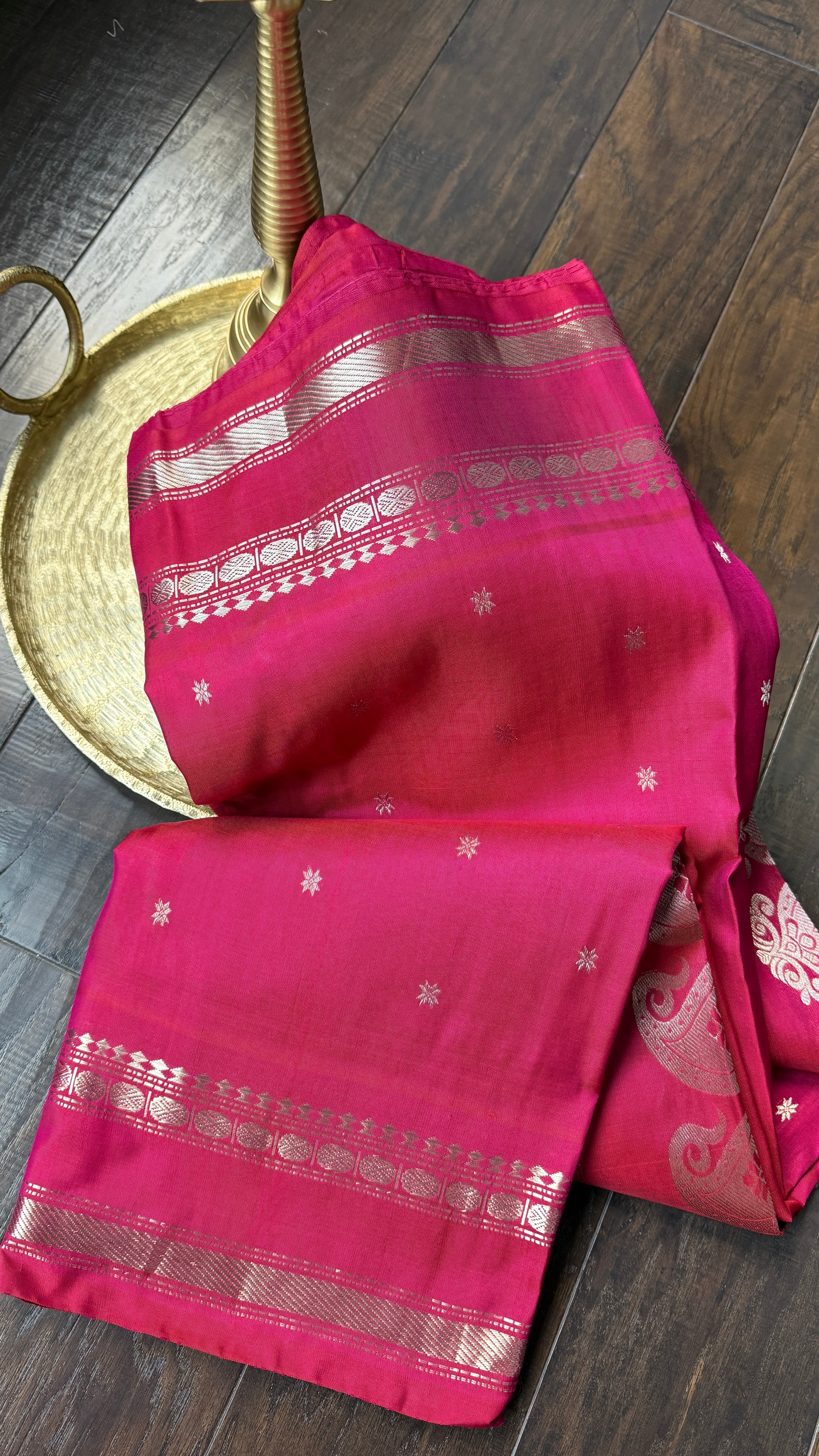 Pure Silk Gadwal - Dark Pink Silver Zari