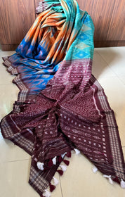 Gopalpur Tussar Silk Ikat - Sea green Plum Orange