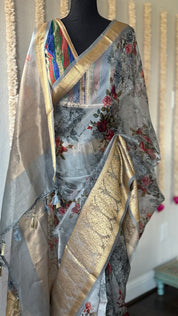 Organza Banarasi Floral - Light Grey Kadwa