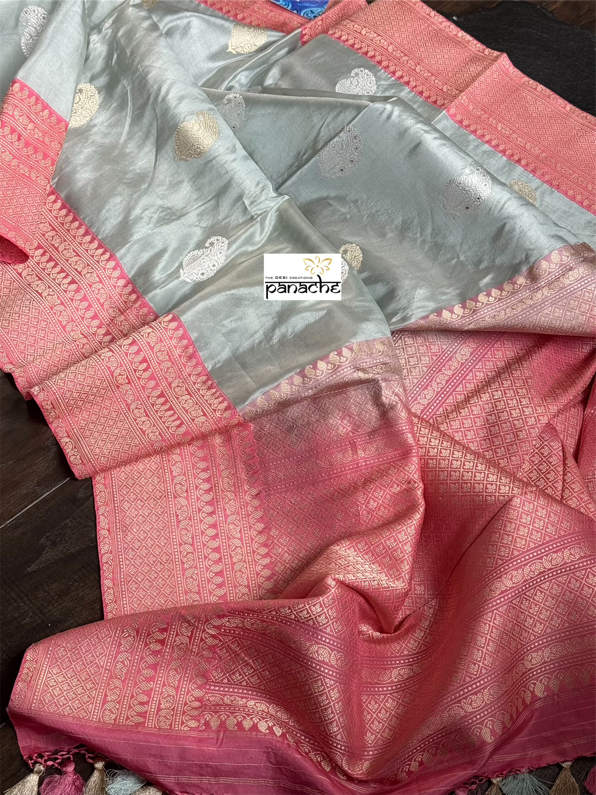 Pure Tissue Katan Silk Banarasi - Silver Grey Pink Woven
