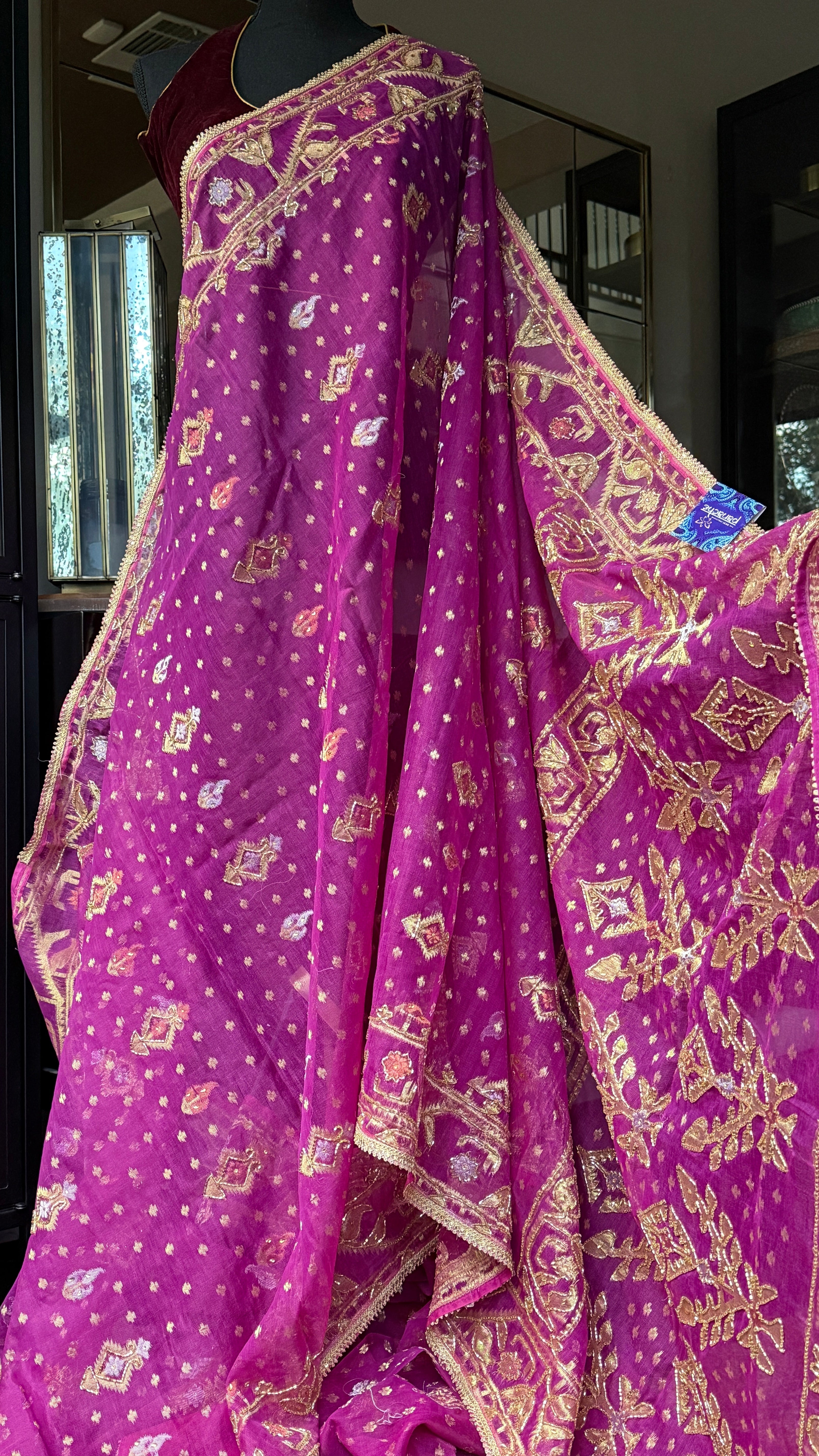 Designer Jamdaani Cutdana Embroidered - Magenta Pink