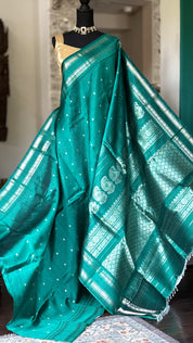 Pure Silk Gadwal - Teal Green Silver Zari