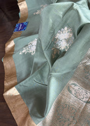 Pure Katan Silk Borderless Banarasi - Dark Green Red Kadhua