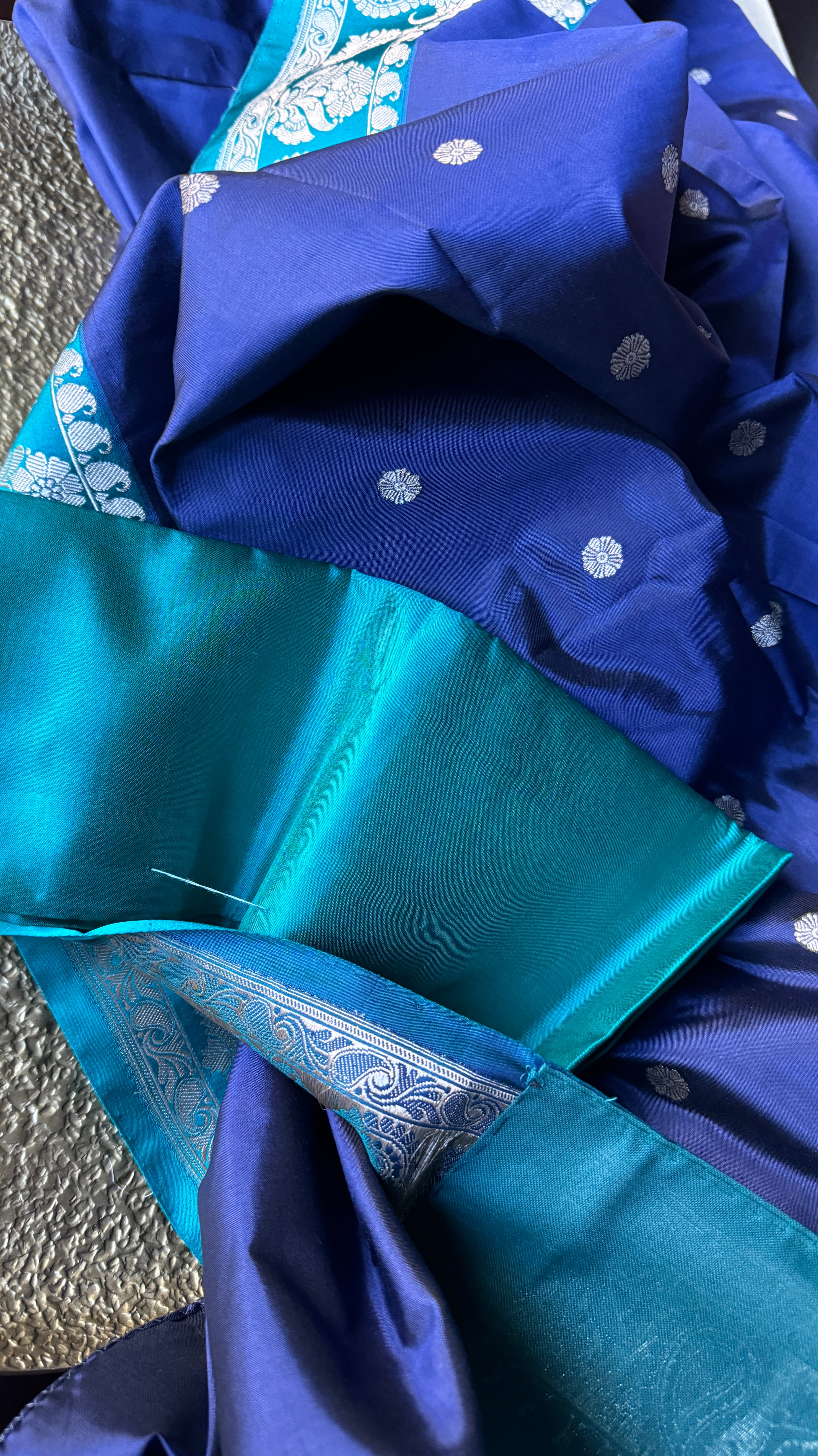 Pure Silk Katan Banarasi- Blue Sea green Kadhua