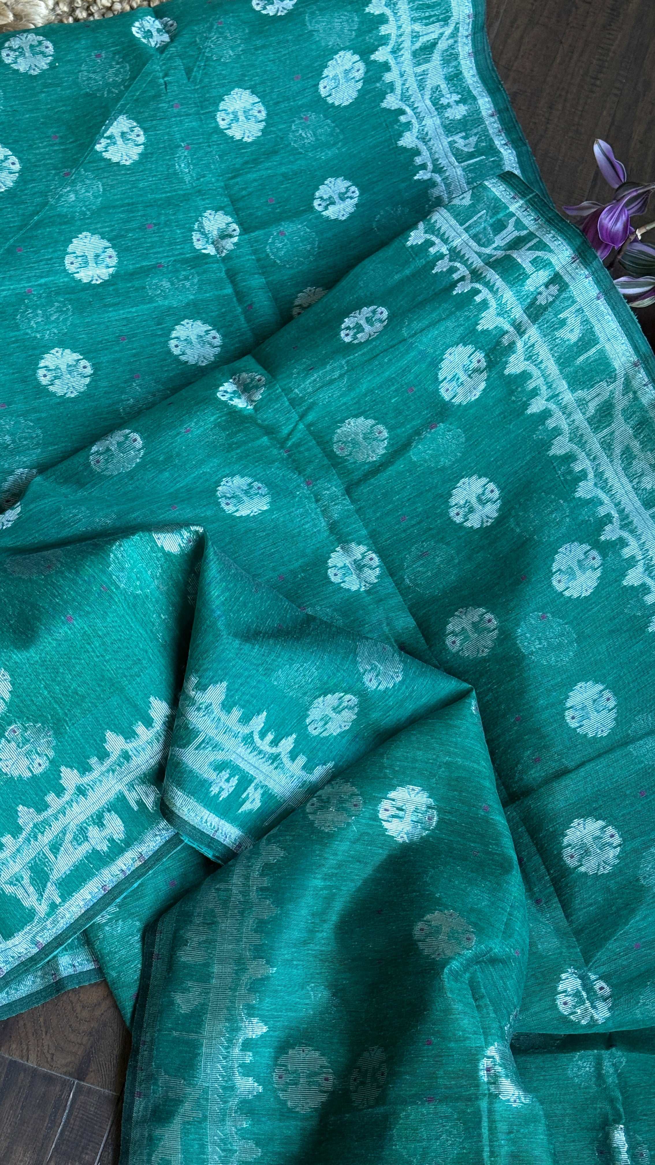 Dhakai Jamdani  - Teal Green Silver Zari  Woven