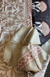 Pure Tussar Silk Kantha Stitch -  Black White Grey Red