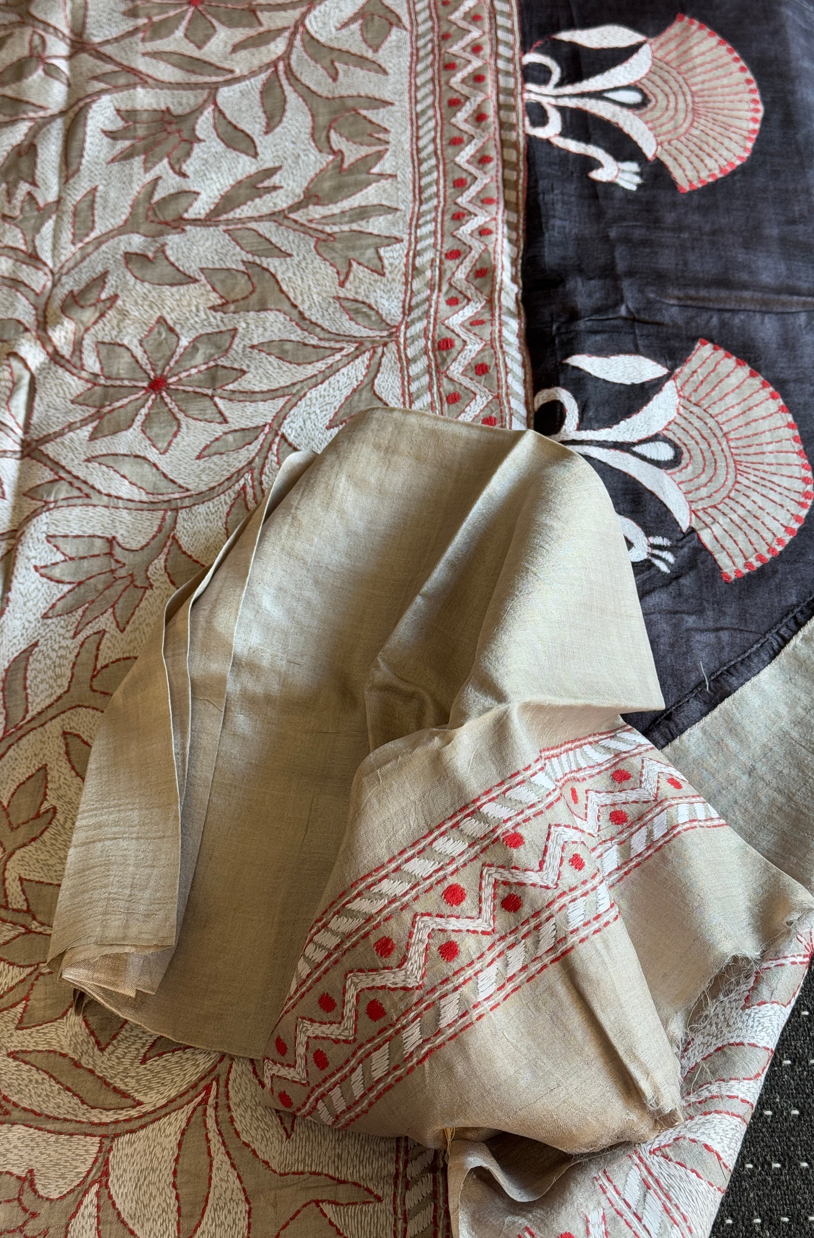 Pure Tussar Silk Kantha Stitch -  Black White Grey Red