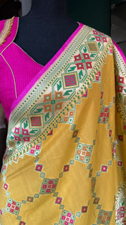 Khaddi Muga Silk Tilfi Banarasi - Yellow Pink Woven