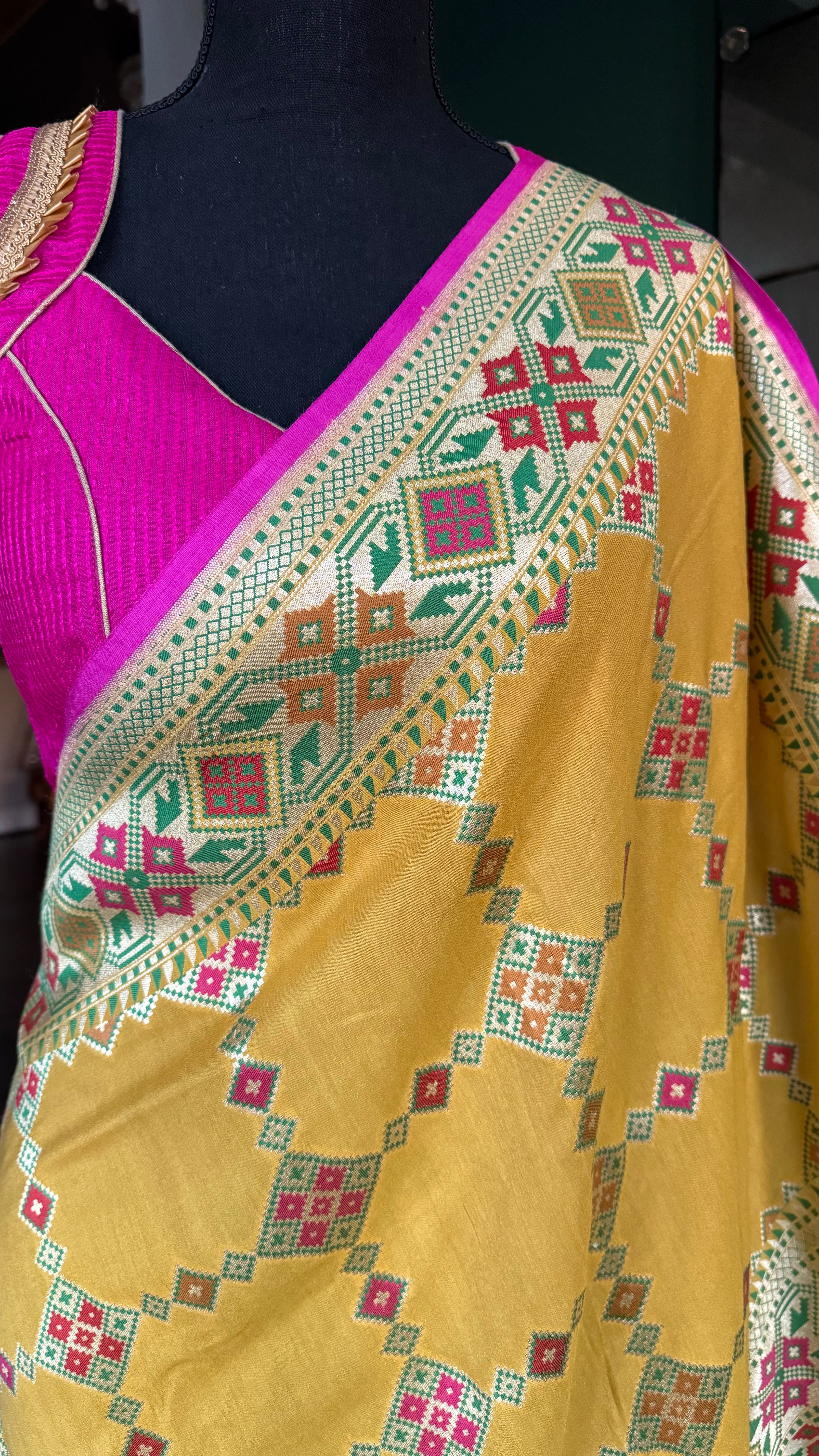 Khaddi Muga Silk Tilfi Banarasi - Yellow Pink Woven