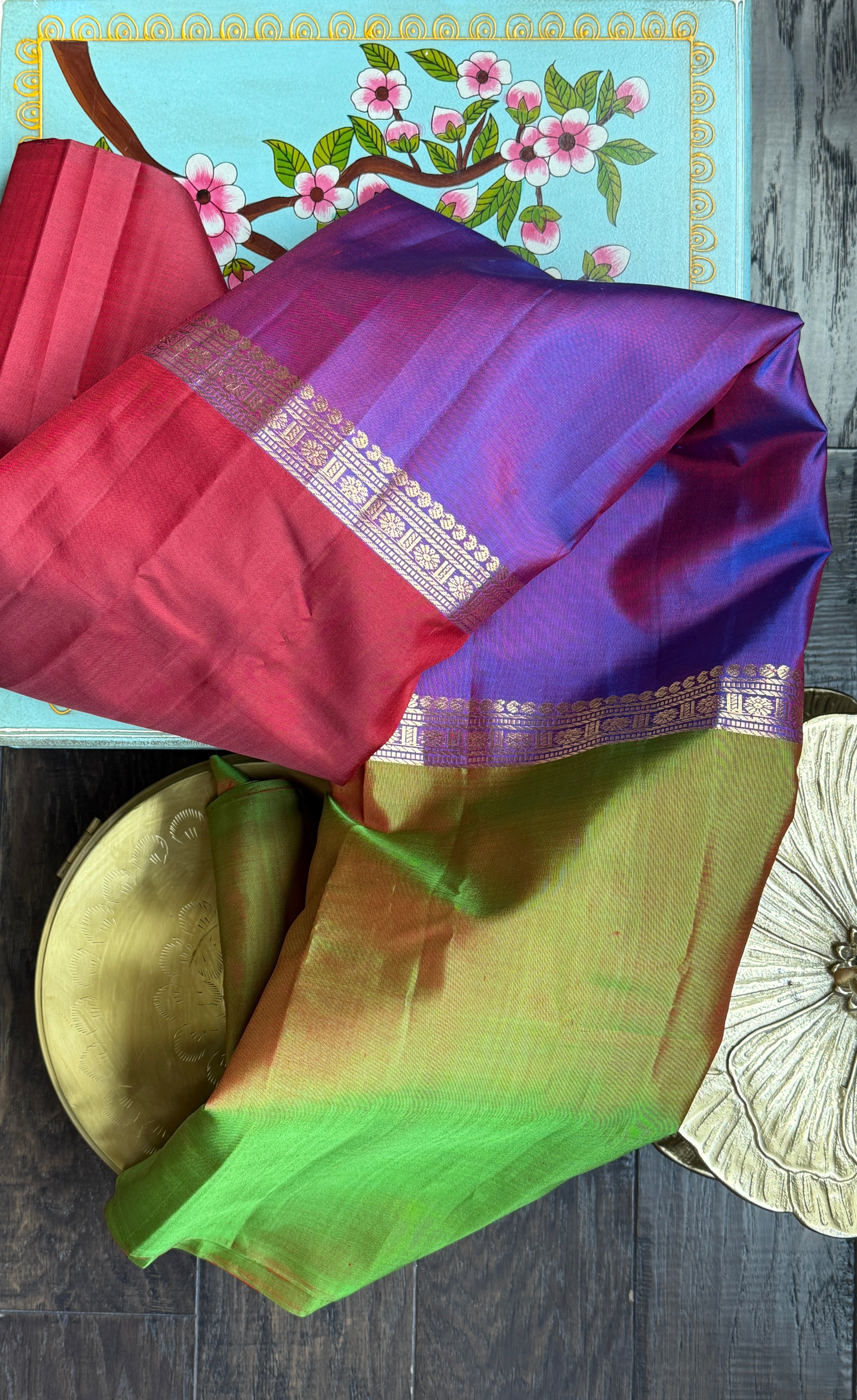 Pure Silk Mubbagam Kanjivaram - Red Green Purple Woven