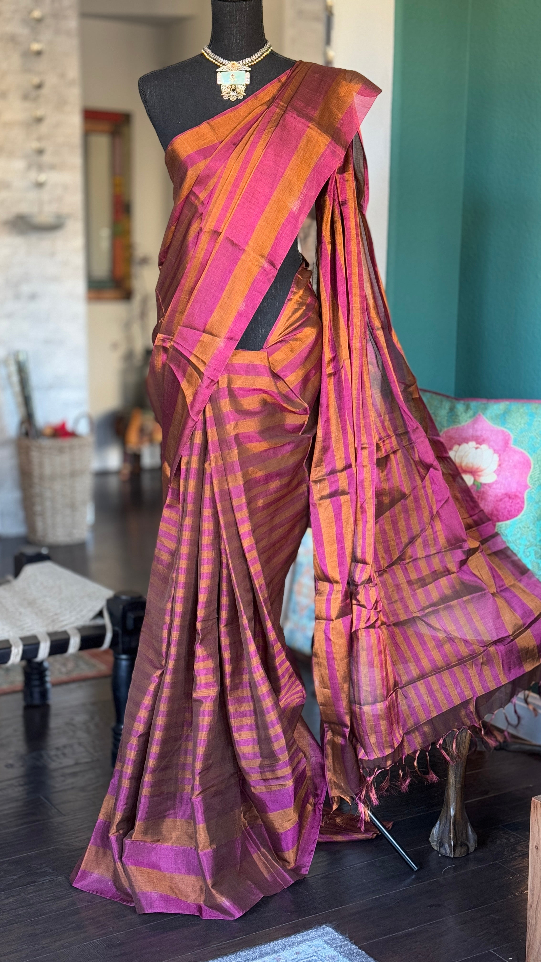 Pure Chanderi Tissue Silk - Rust Pink Striped woven