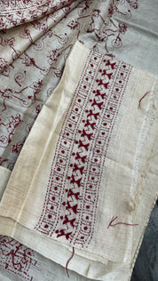 Pure Tussar Silk Kantha Stitch -  Tan Beige Maroon Worli Art