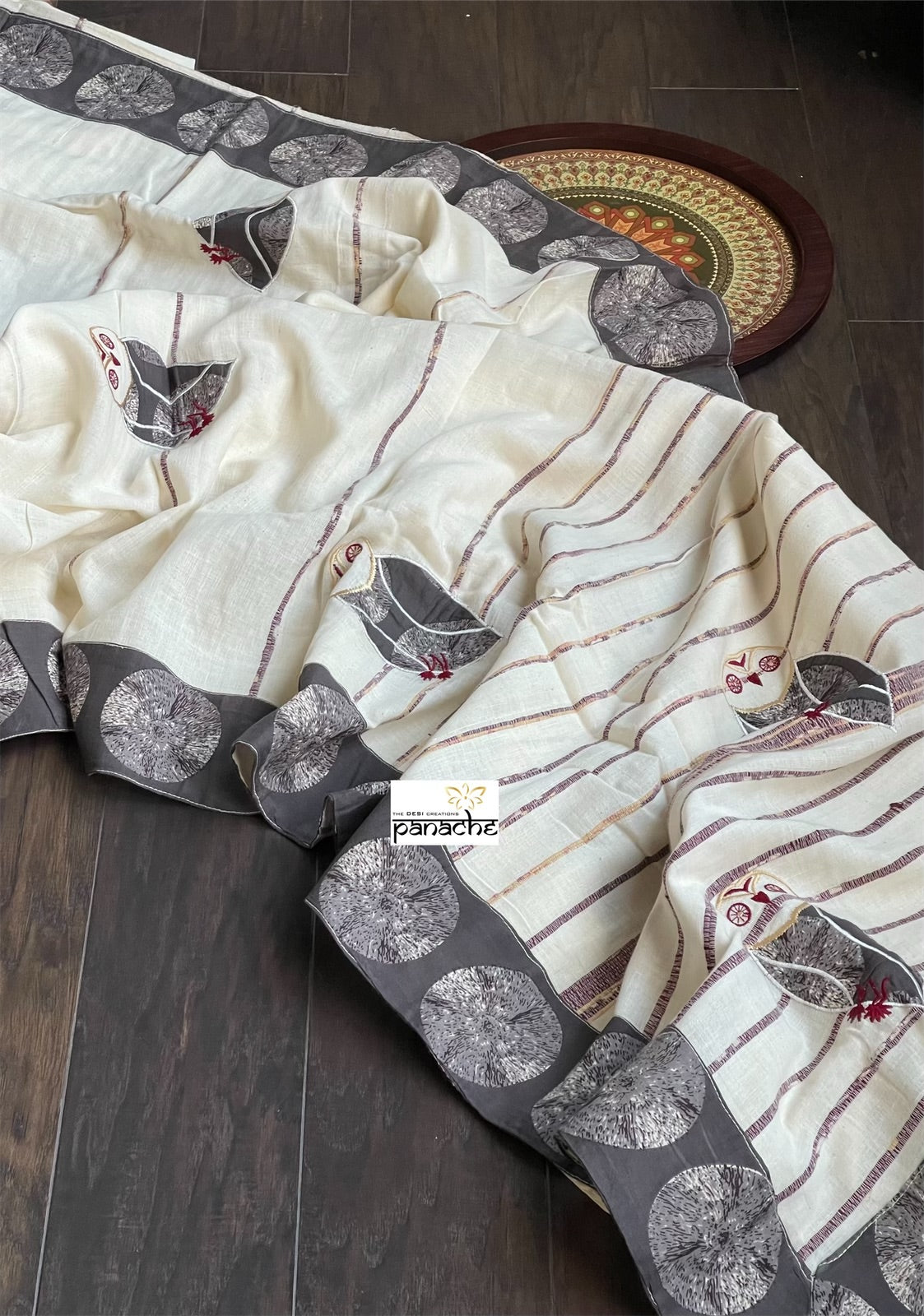 Pure Khadi Cotton - Beige Maroon Hand Appliqué