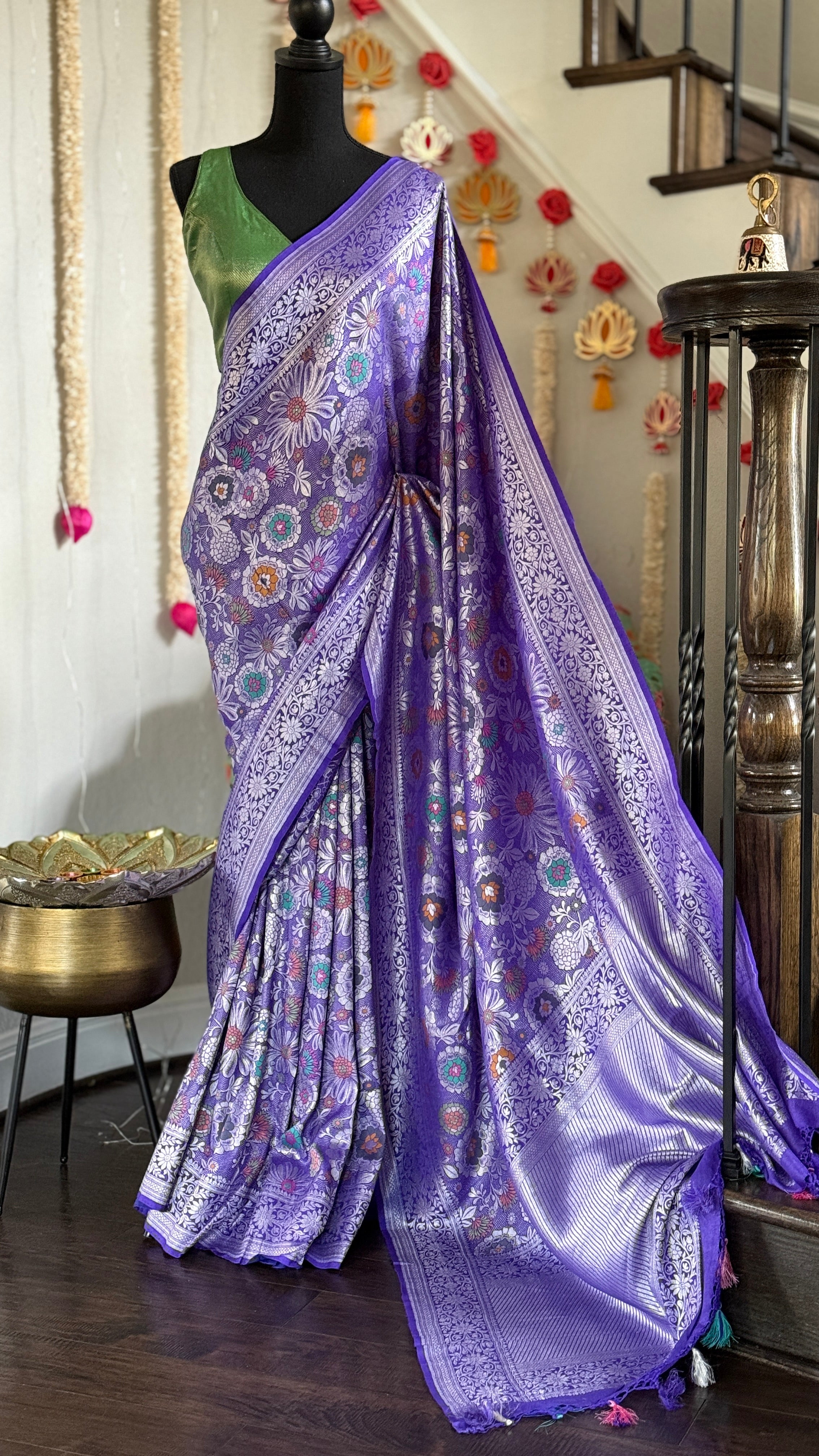 Tussar Georgette Banarasi - Purplish Blue Multi Meenakari