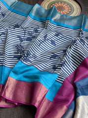Pure Tussar Silk - Blue Firozi Magenta