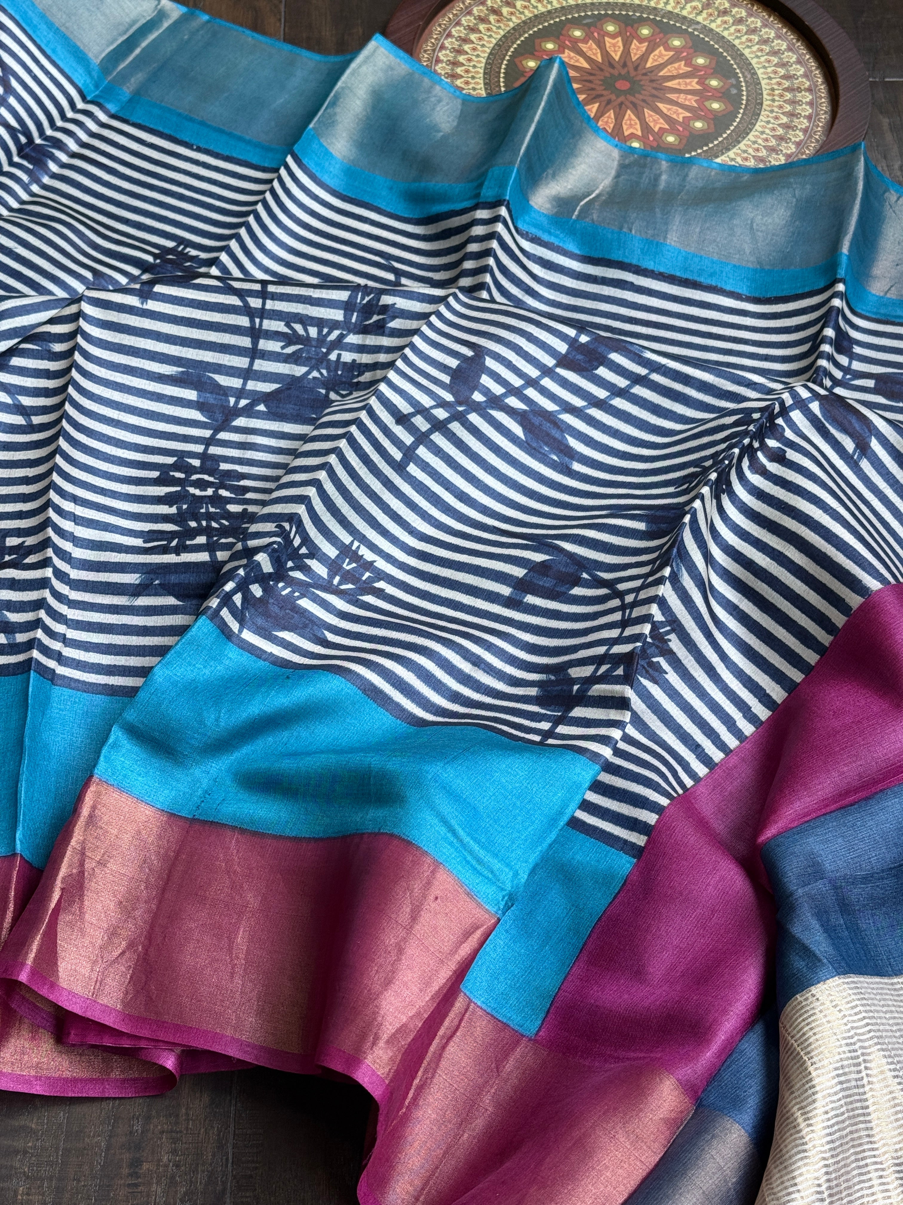 Pure Tussar Silk - Blue Firozi Magenta