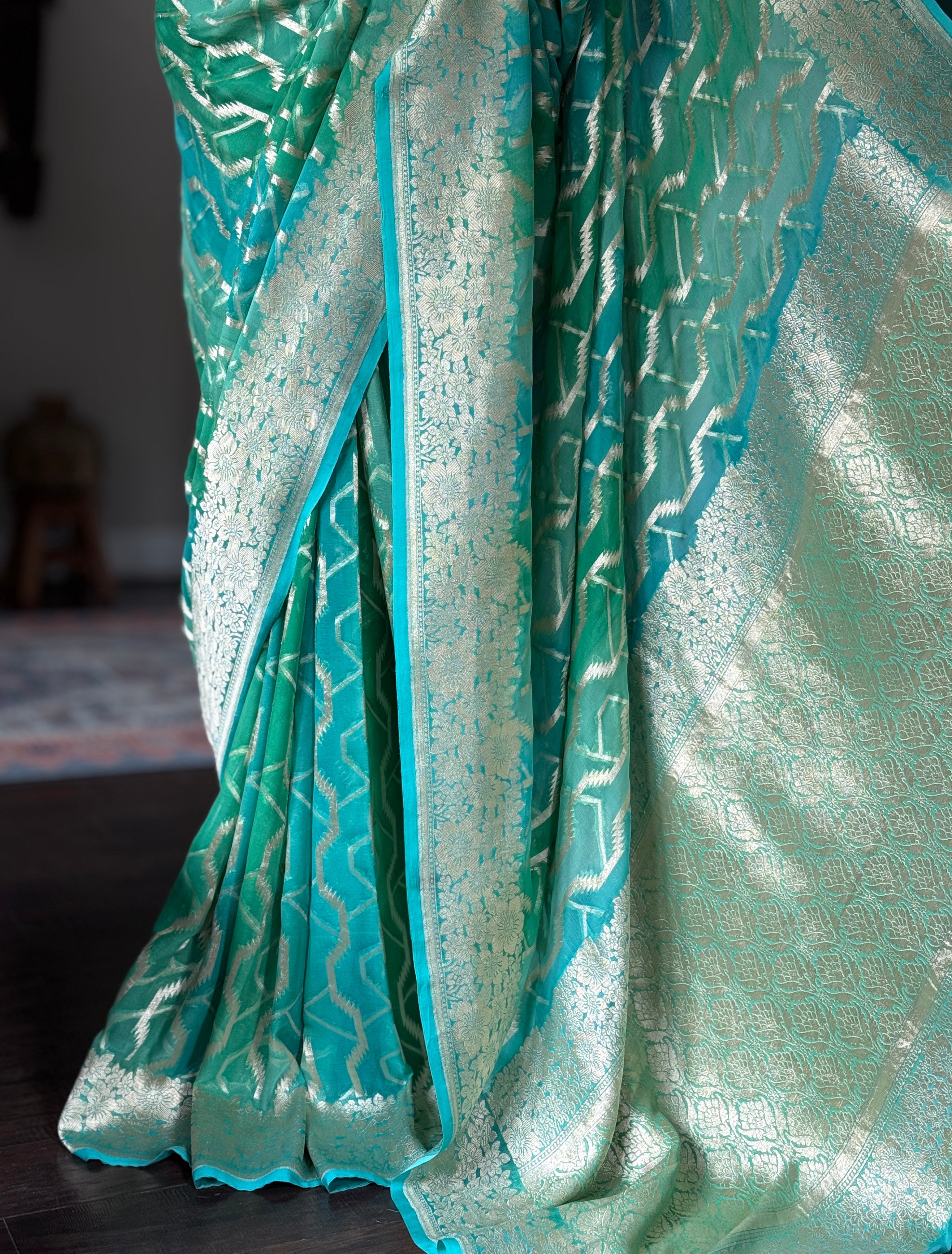 Khaddi Georgette Shaded Banarasi - Sea Green Mint