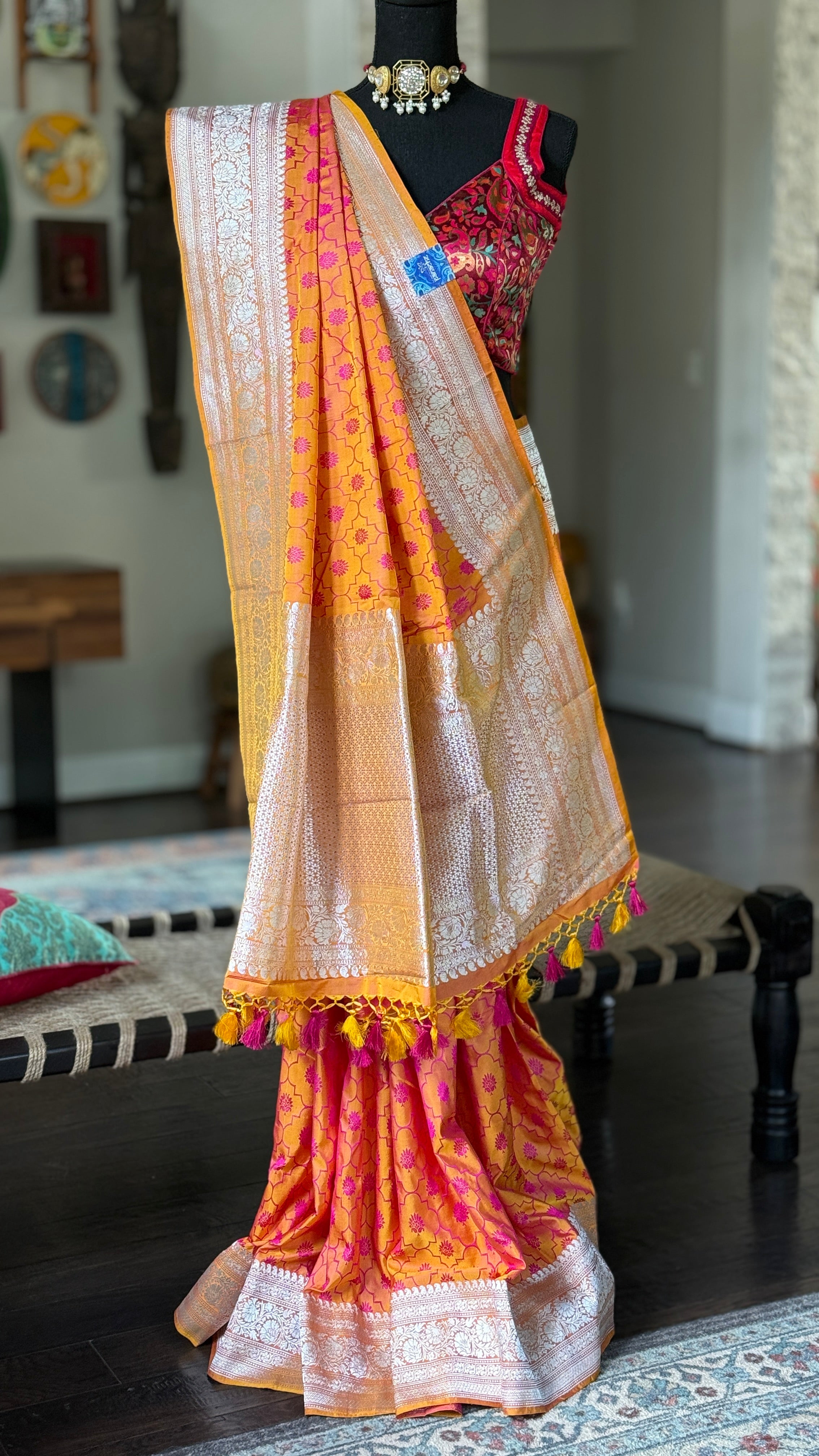 Pure Silk Mashru Silk Banarasi- Mustard Yellow Pink