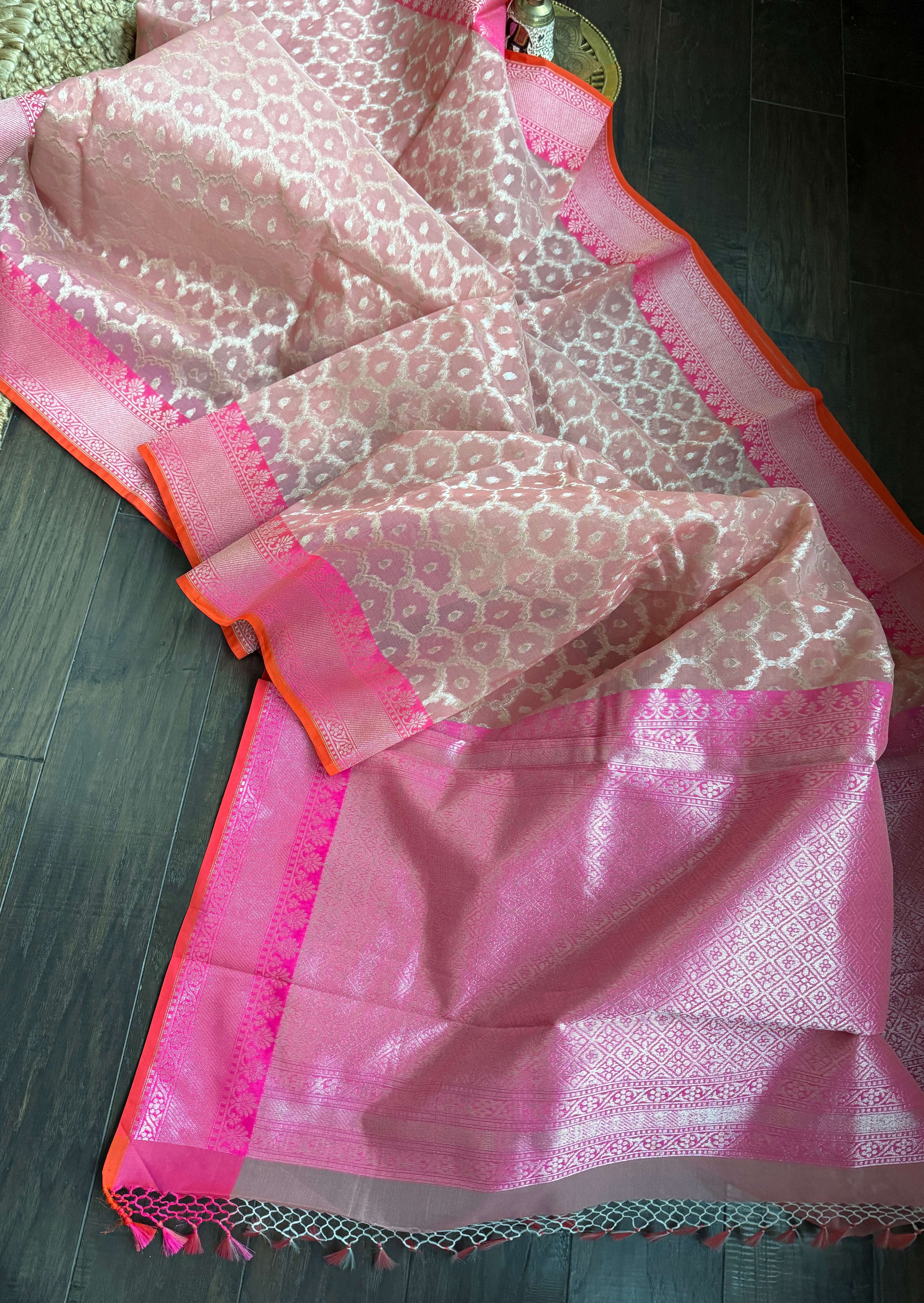 Kora Silk Banaras Chanderi - Peach Pink