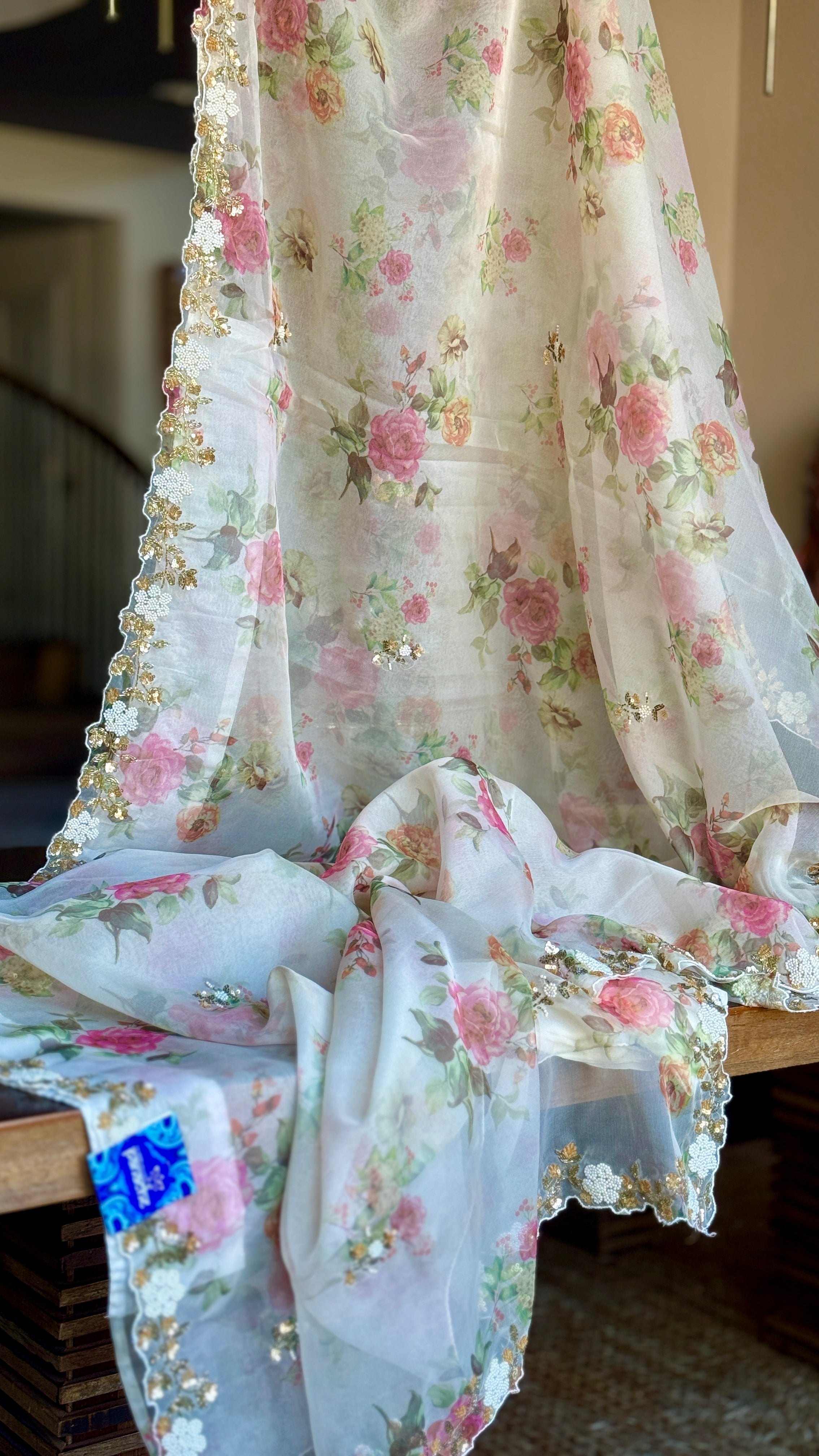 Designer Organza Floral - Cream Hand-embroidered Border