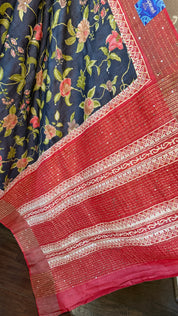 Printed Tussar Silk Kantha Stitch - Black