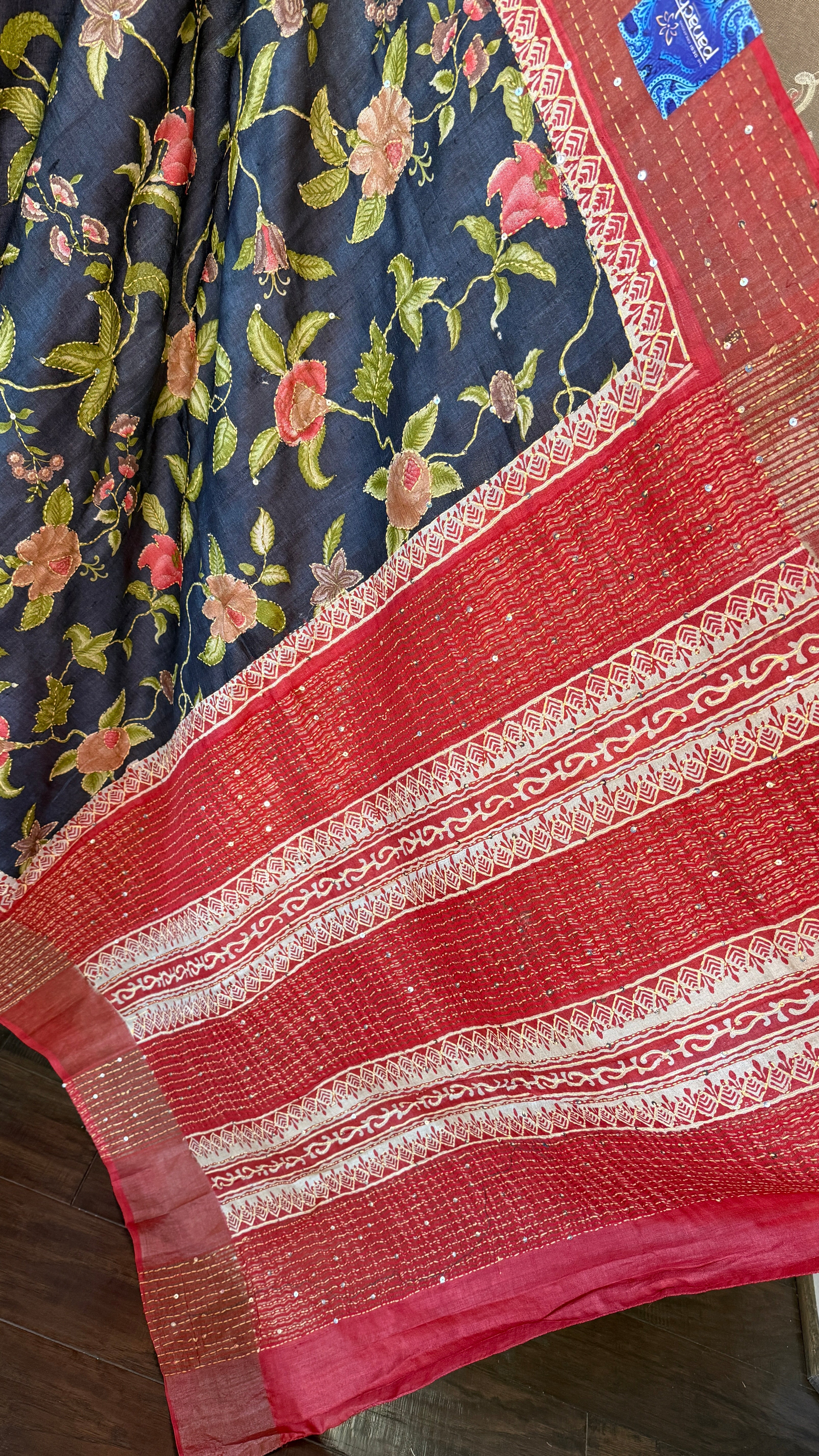 Printed Tussar Silk Kantha Stitch - Black