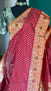Silk Banarasi - Red Rusty Orange Paithani border