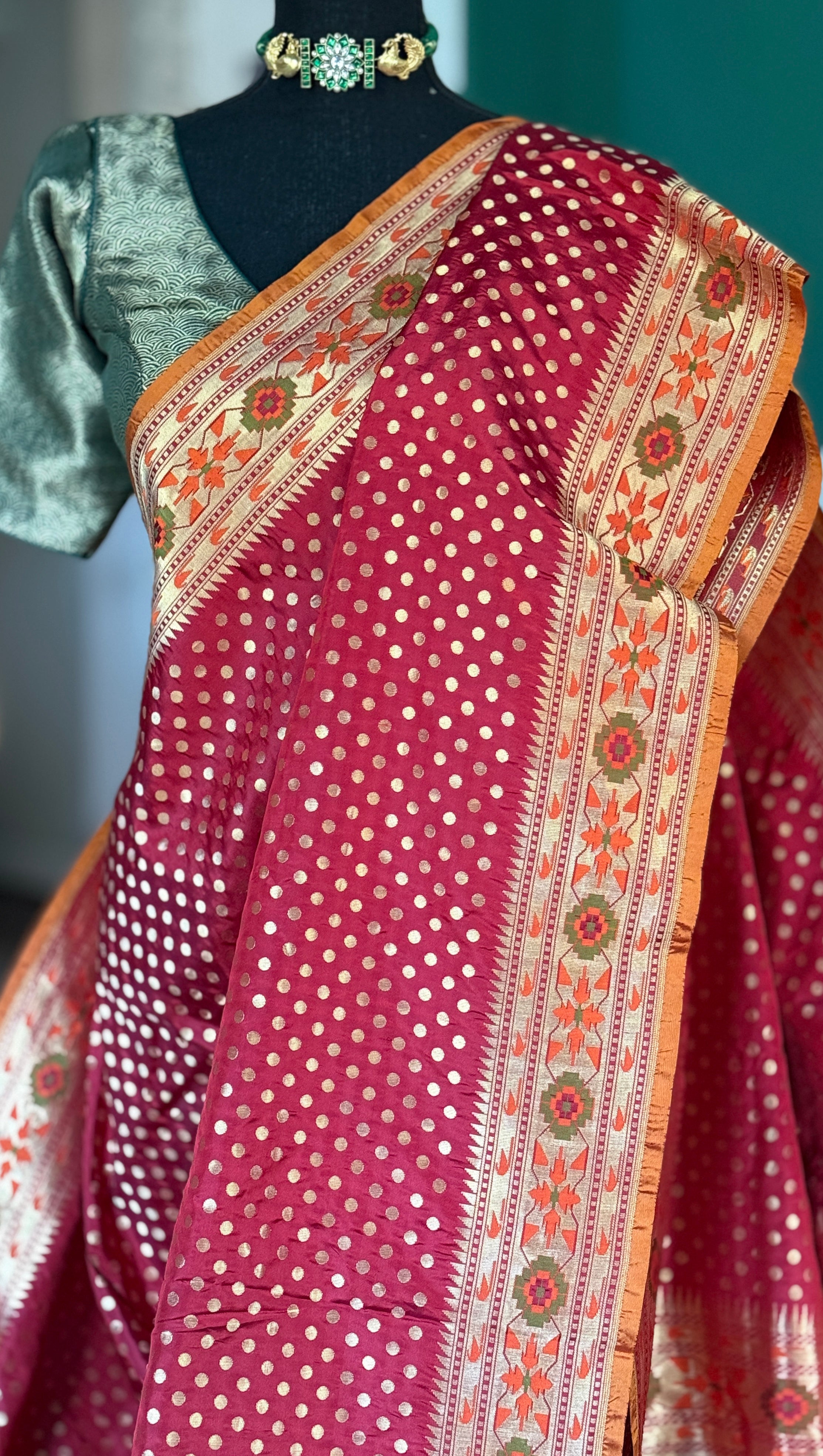 Silk Banarasi - Red Rusty Orange Paithani border