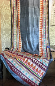 Pure Tussar Silk Kantha Stitch -  Grey Multi Color