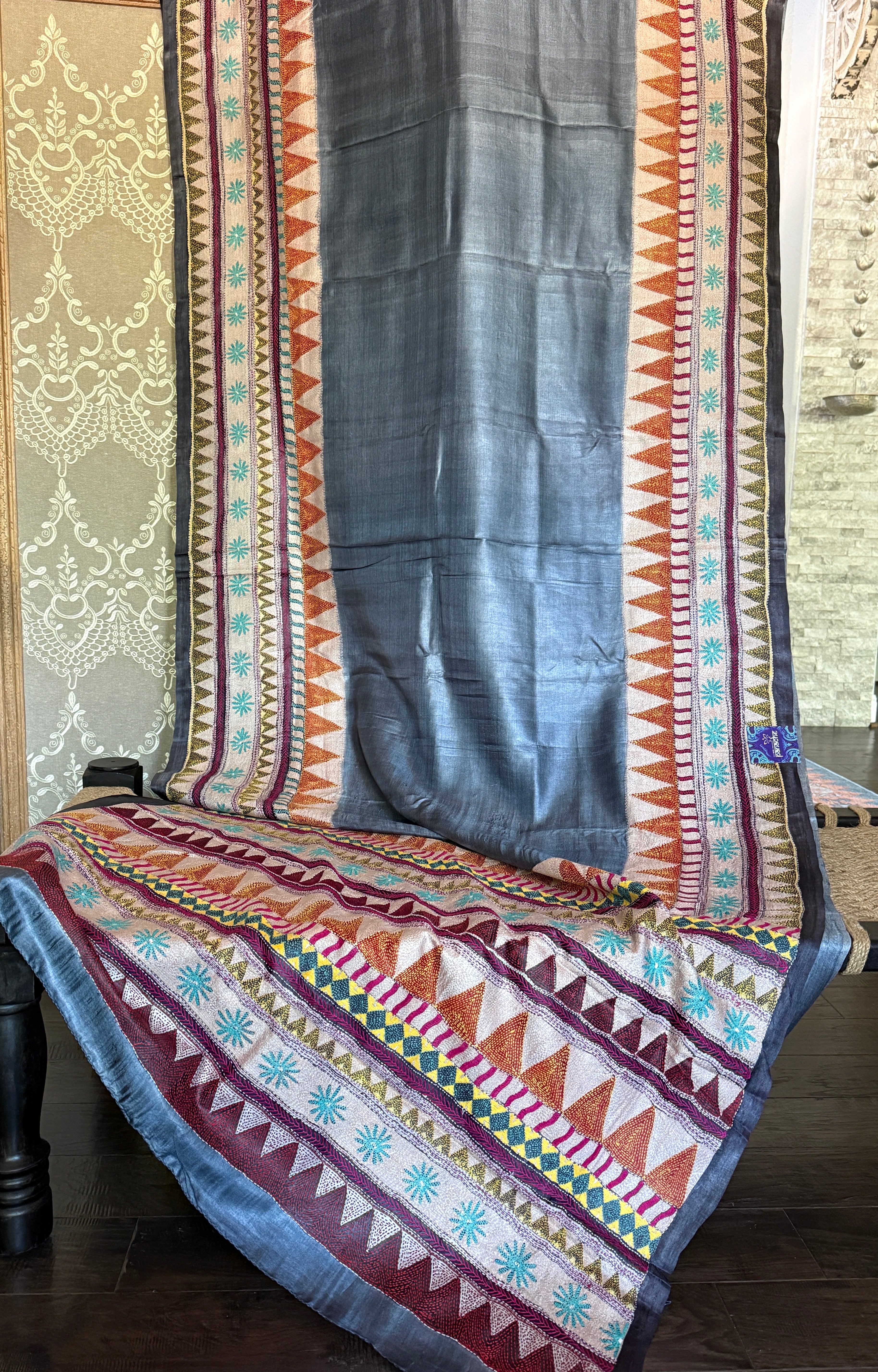 Pure Tussar Silk Kantha Stitch -  Grey Multi Color