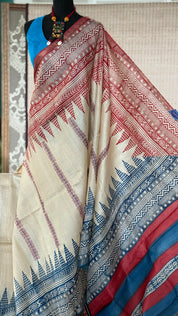 Printed Tussar Silk Kantha Stitch - Beige Blue Red