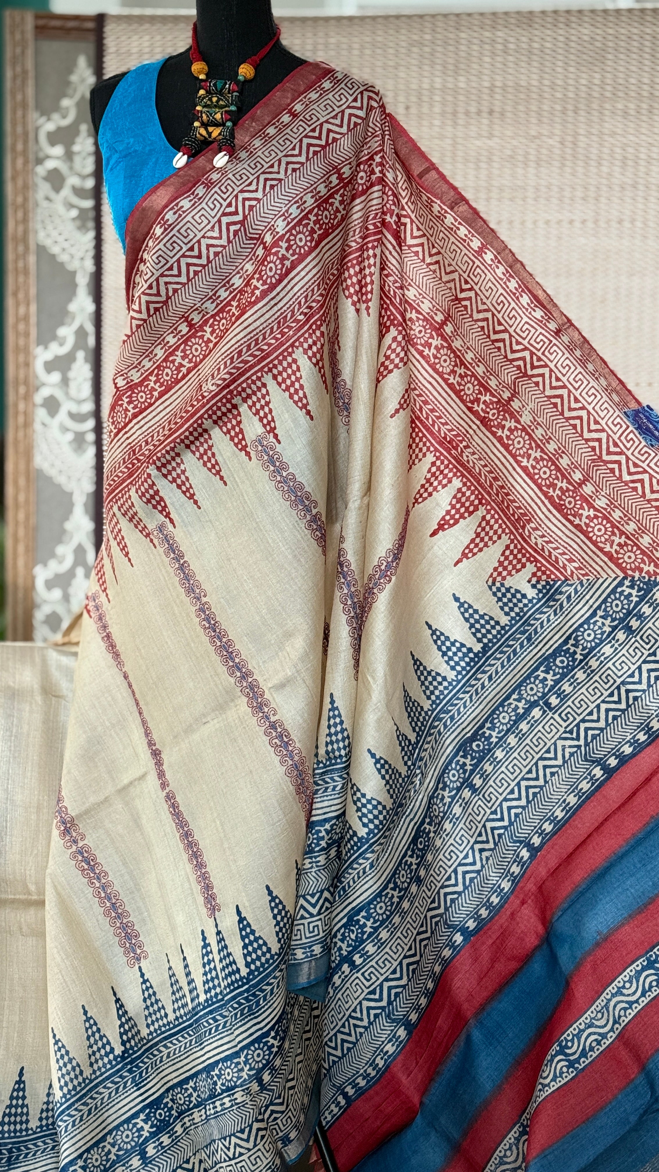 Printed Tussar Silk Kantha Stitch - Beige Blue Red