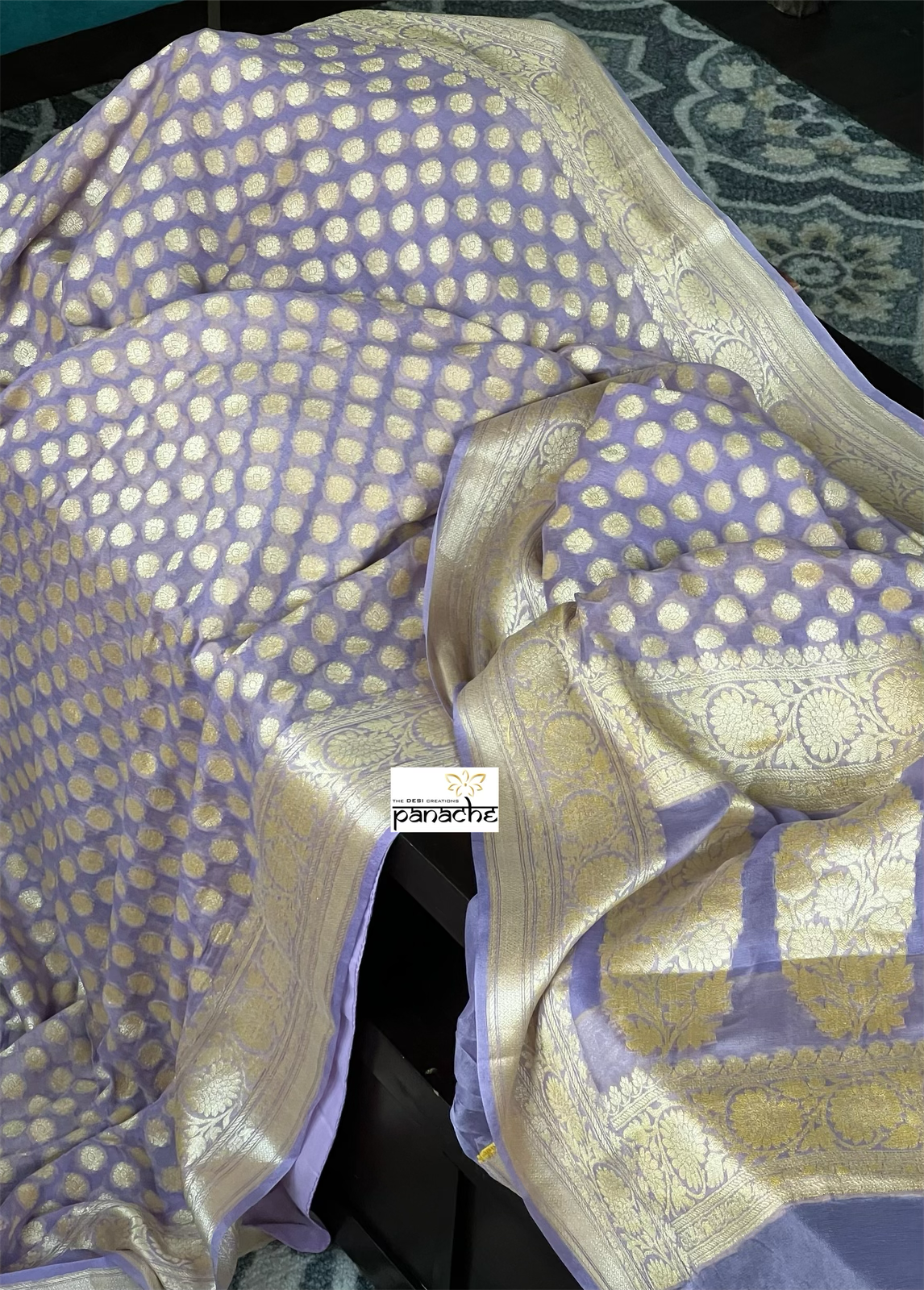 Georgette Silk Banaras - Light Lavender Grey Golden Zari