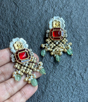 Earring 925 Silver- Red Kundan Pearl