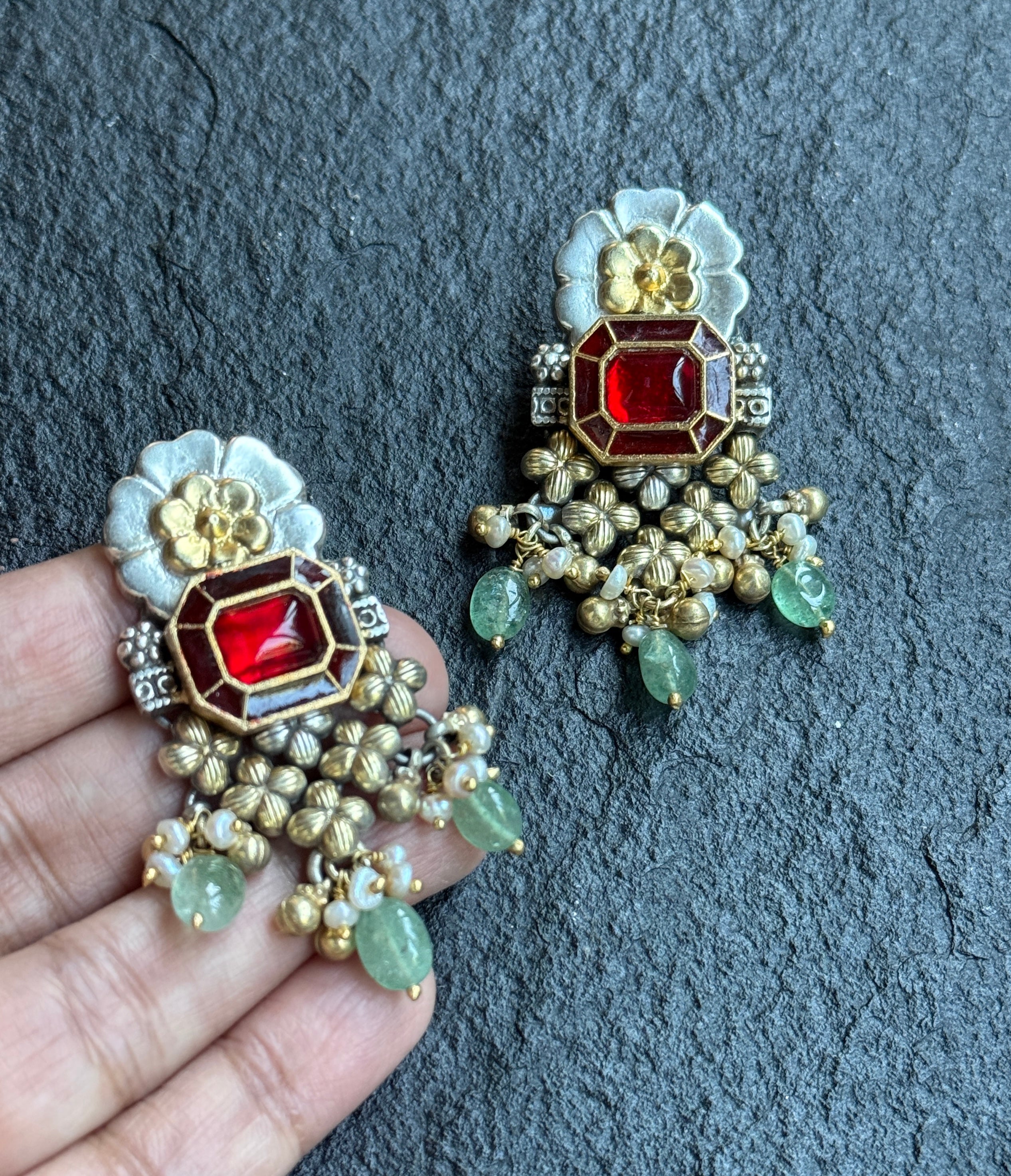 Earring 925 Silver- Red Kundan Pearl