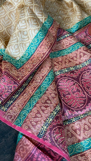 Printed Tussar Silk Kantha Stitch - Light Ochre Yellow