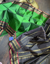 Pure Silk 1gm Zari Kanjivaram - Green Black self Stripe