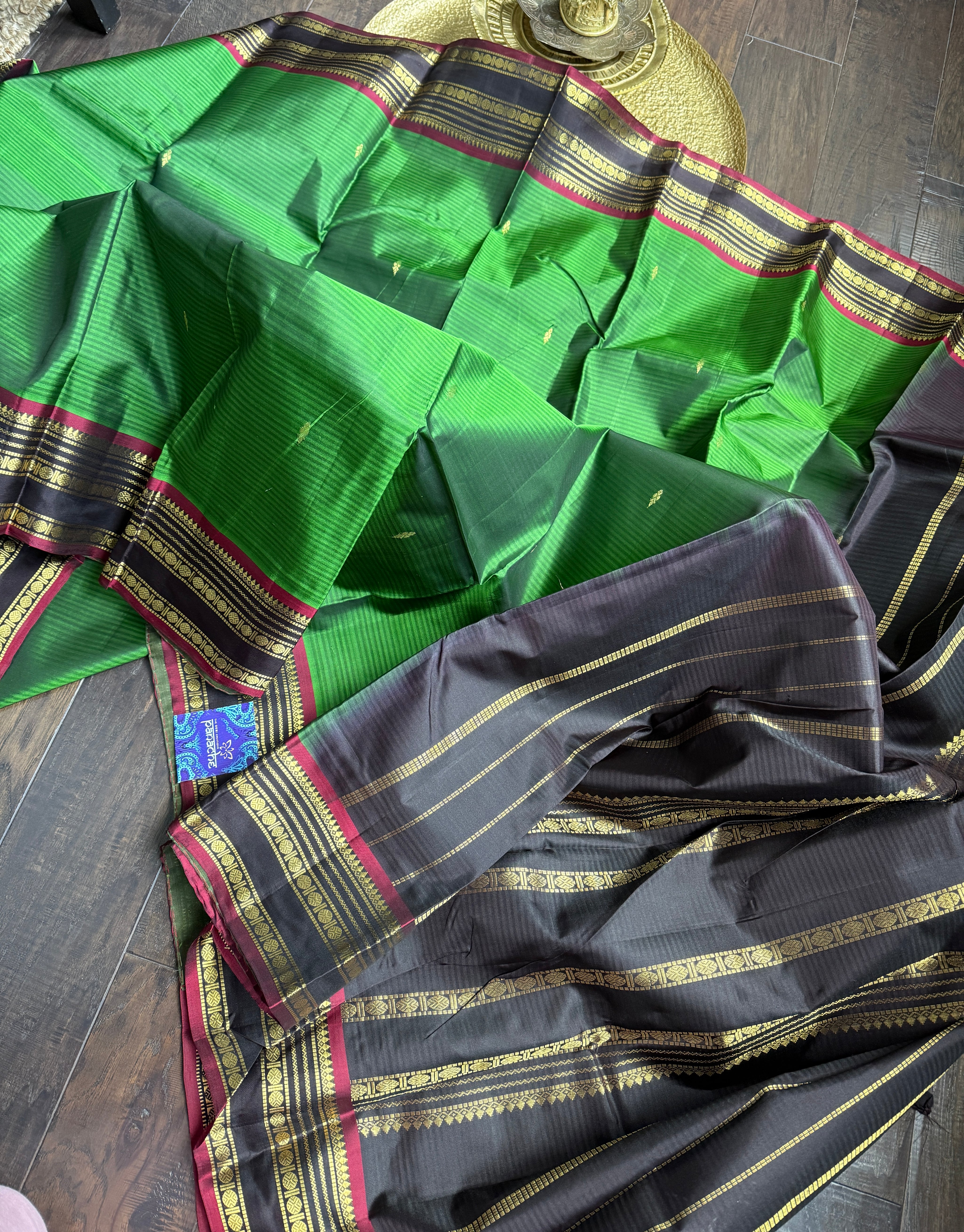 Pure Silk 1gm Zari Kanjivaram - Green Black self Stripe