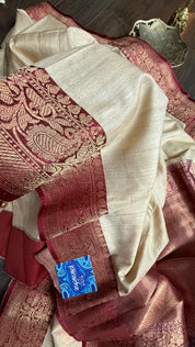 Pure Tussar Silk Banarasi - Beige Maroon